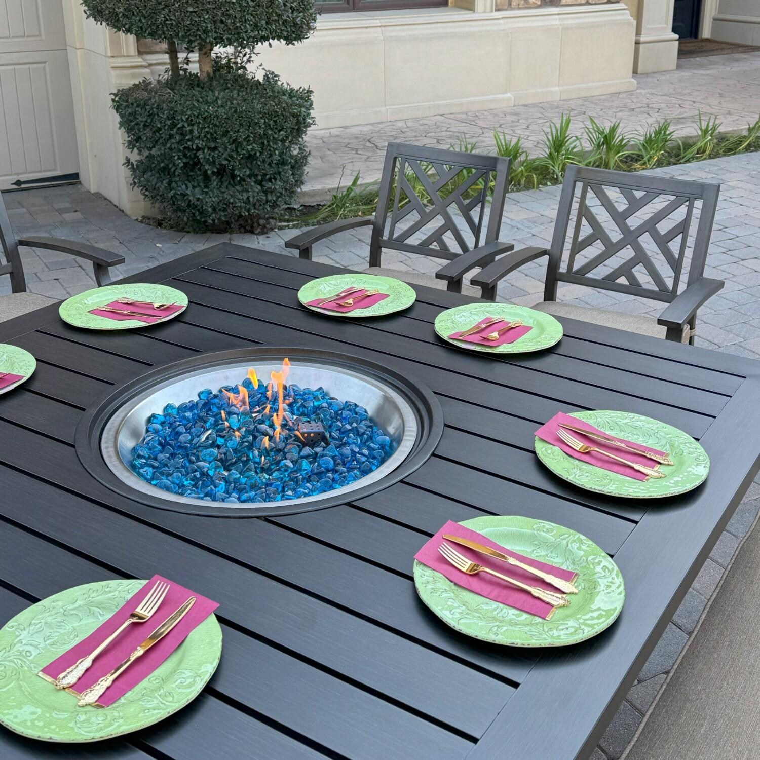 Brooklyn 7 Pc Aluminum Dining Set w/ 60 Inch Square Propane Fire Pit Table in Sesame/Multi-brown by Darlee - Table Close Up - Lifestyle thumbnail