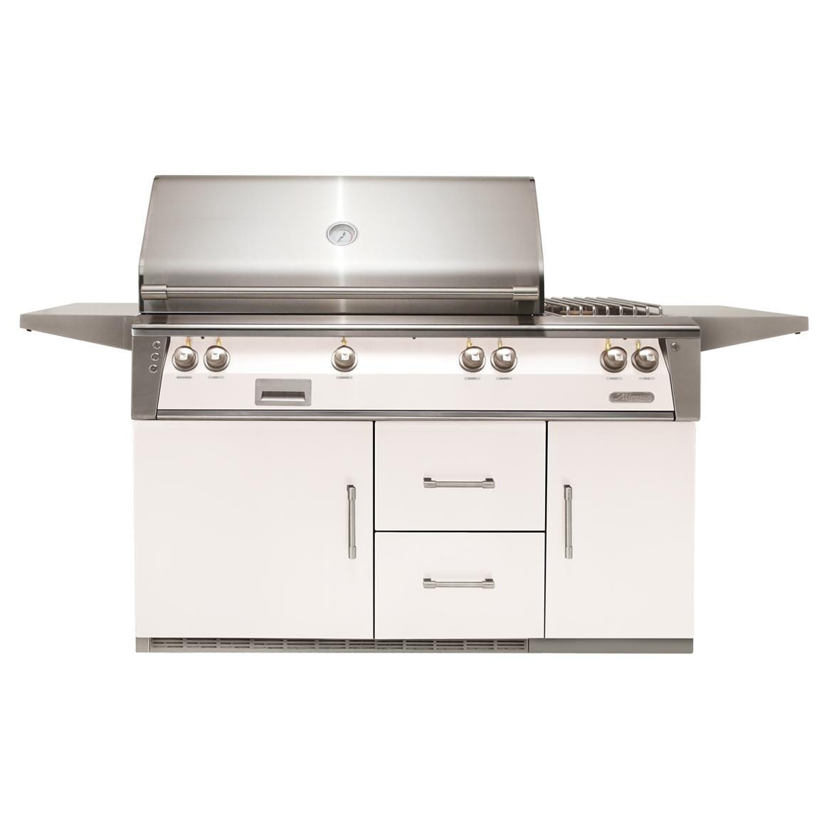 Alfresco ALXE 56-Inch Freestanding Natural Gas Deluxe Grill On Refrigerated Cart With Rotisserie And Side Burner in Signal White Matte - ALXE-56R-NG-SM9003