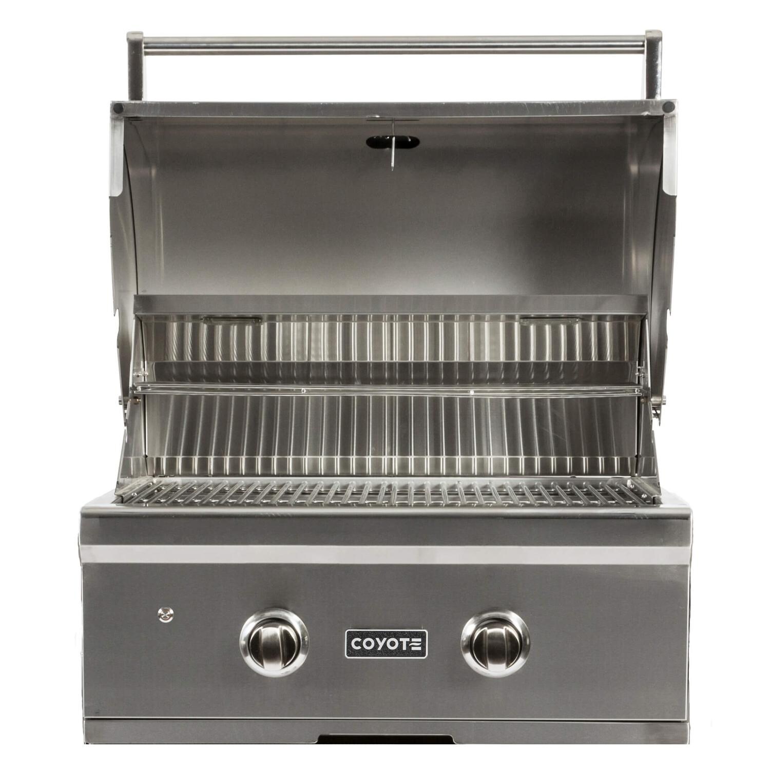 Coyote RTAC-G5-SB-C1C28NG Ready-To-Assemble 5 Ft Outdoor Kitchen Island With 28-Inch C-Series Natural Gas Grill - Stacked Stone/Brown Terra - Open Lid thumbnail