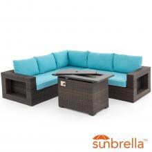 Gentilly 3 Piece Wicker Fire Pit Outdoor Sectional Set W/ Right Arm Loveseat, 42 X 22 Inch Fire Pit Table & Sunbrella Canvas Aruba Cushions By Lakeview Outdoor Designs image