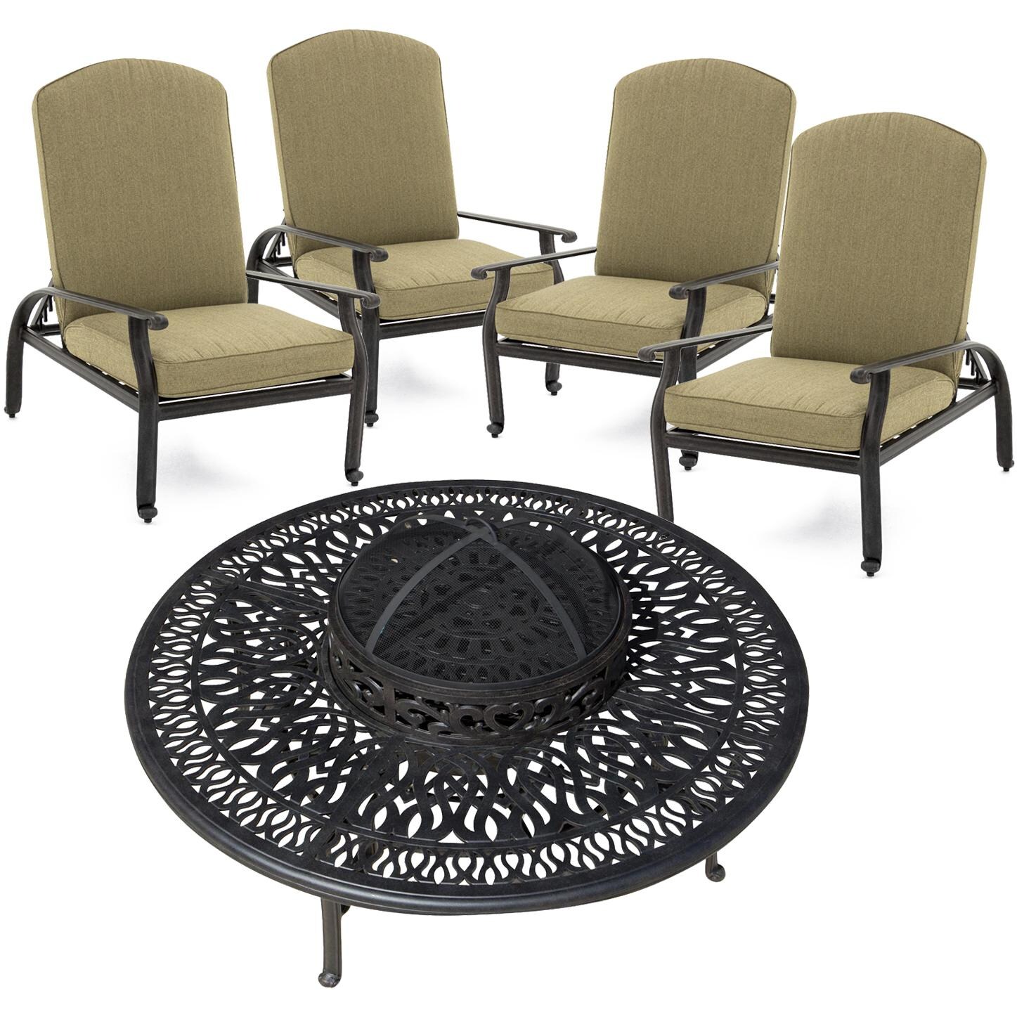 Rosedown 5 Piece Cast Aluminum Fire Pit Conversation Set W/ Wood