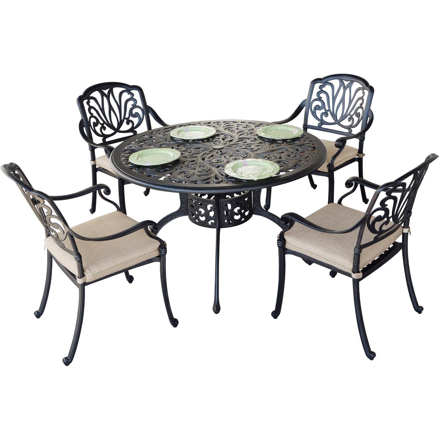 Elisabeth 5 Pc Cast Aluminum Dining Set w/ 48 Inch Series 80 Table in Antique Bronze/Beige Canvas by Darlee