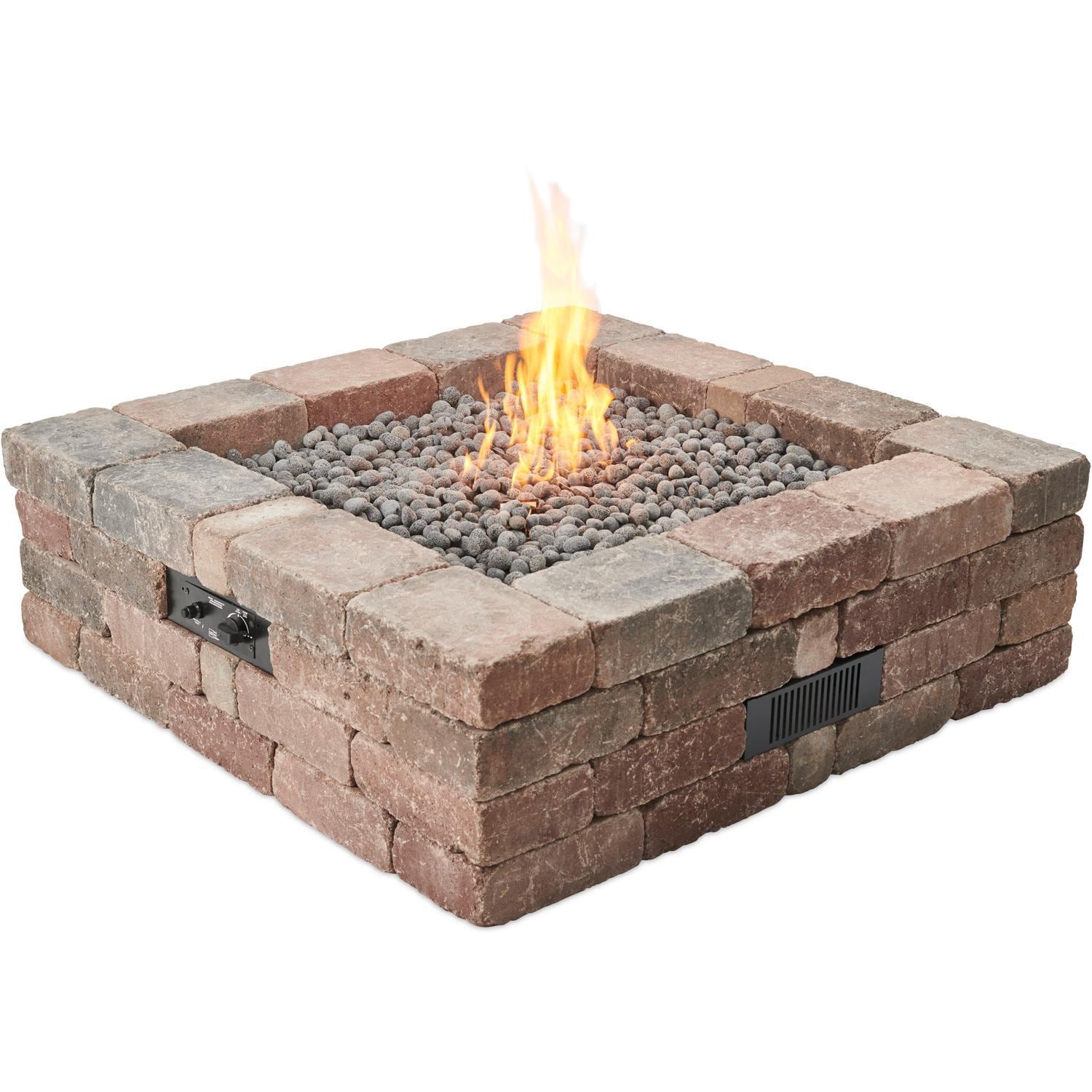 The Outdoor GreatRoom Company Bronson Block BRON5151-K 51-Inch Square Propane Gas Fire Pit Kit with 42-Inch Crystal Fire Burner - Shown With Burner Lit thumbnail