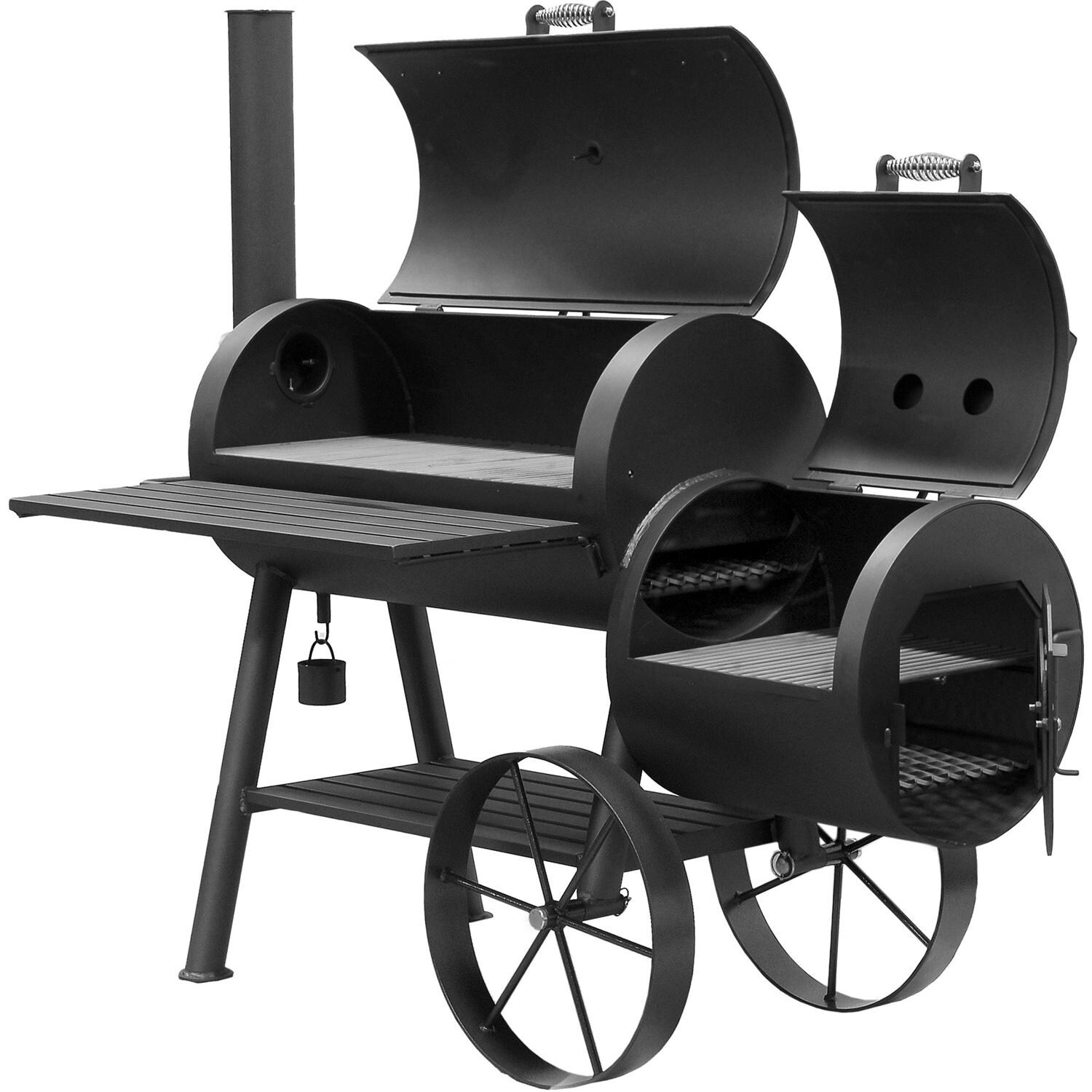 1801 - BBQ Pit Boys Denali Offset Charcoal Smoker - Right Side Angled View With Hoods Open thumbnail