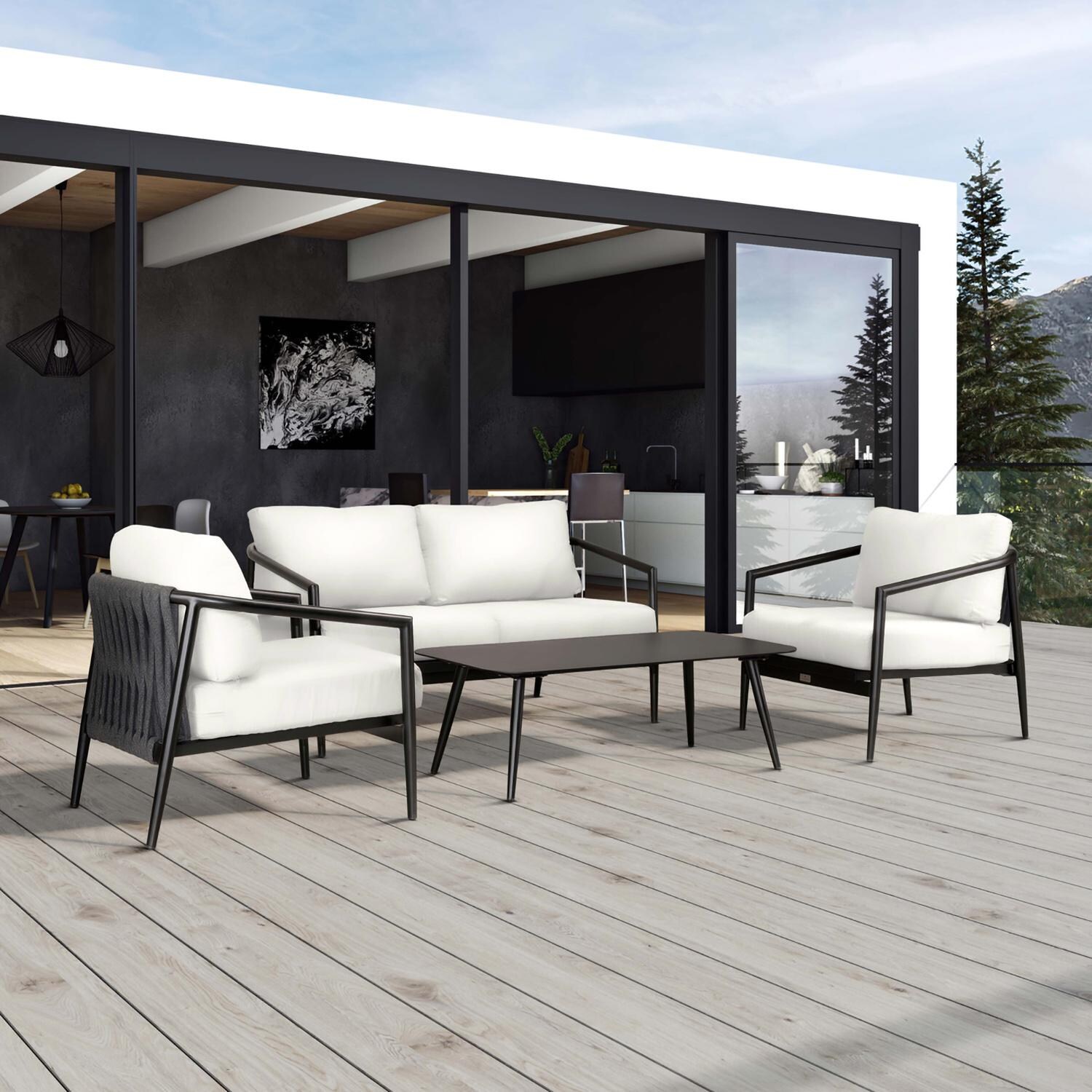 Lakeview Midnight Cove 4 Pc Aluminum Loveseat Seating Set in Black/Carbon/Canvas Natural - Detail - Lifestyle thumbnail