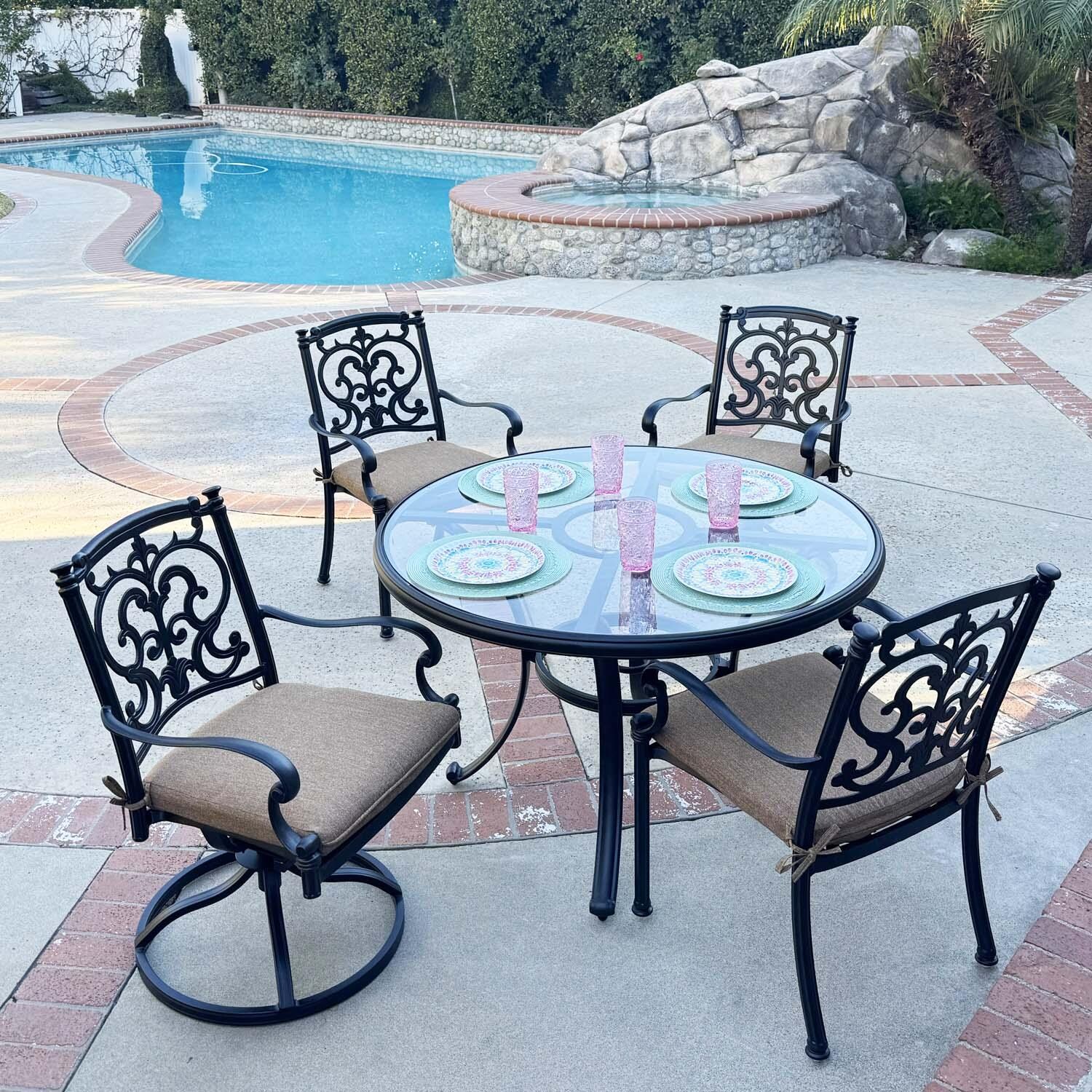 Santa Barbara 5 Pc Cast Aluminum Swivel / Rocker Dining Set in Antique Bronze/Sesame by Darlee