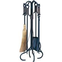 UniFlame 5-Piece Black Wrought Iron Fireplace Tool Set With Copper Rope Handles - F-1299 image