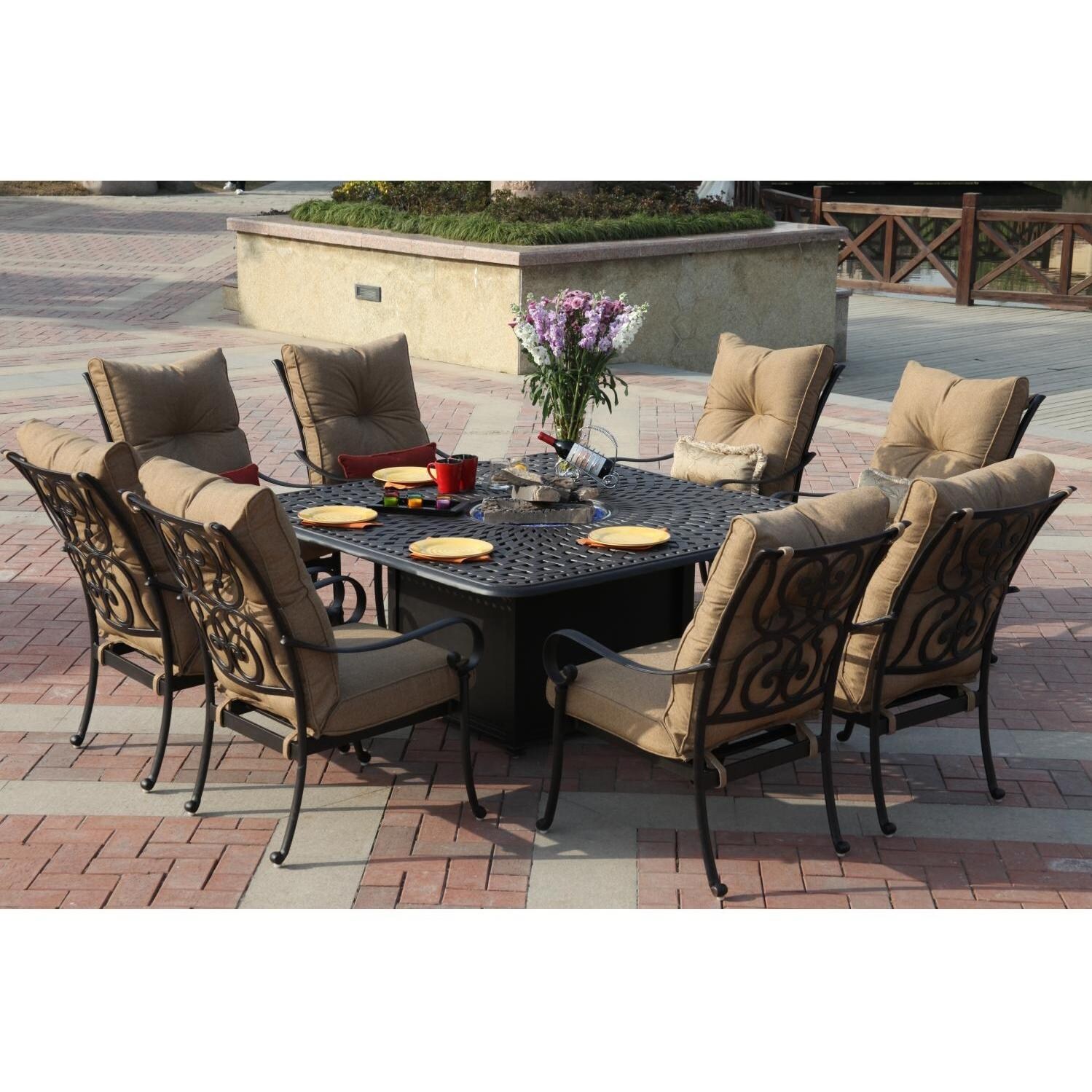 Santa Anita 9 Pc Cast Aluminum Patio Fire Pit Dining Set W/ Sesame Sunbrella Cushions By Darlee - Back Patio - Full View - Lifestyle thumbnail