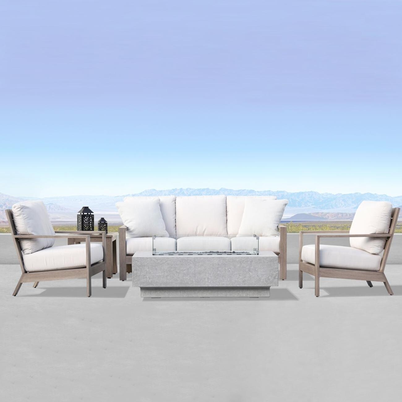 Laguna 5 Pc Aluminum Fire Pit Seating Set in Driftwood/Canvas Flax by Sunset West