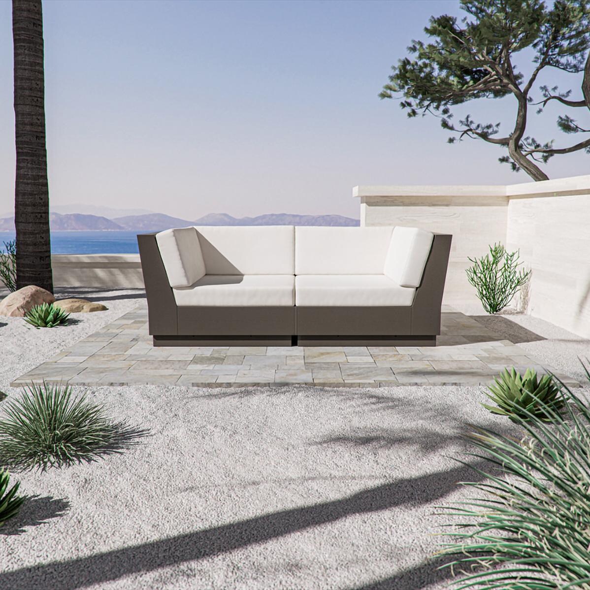 Elevate 2 Person Recycled Plastic Sectional Loveseat in Vintage White/Navy Linen By PW Designer Series - On the Patio (Shown in Vintage Coffee/Dune Burlap) - Lifestyle thumbnail