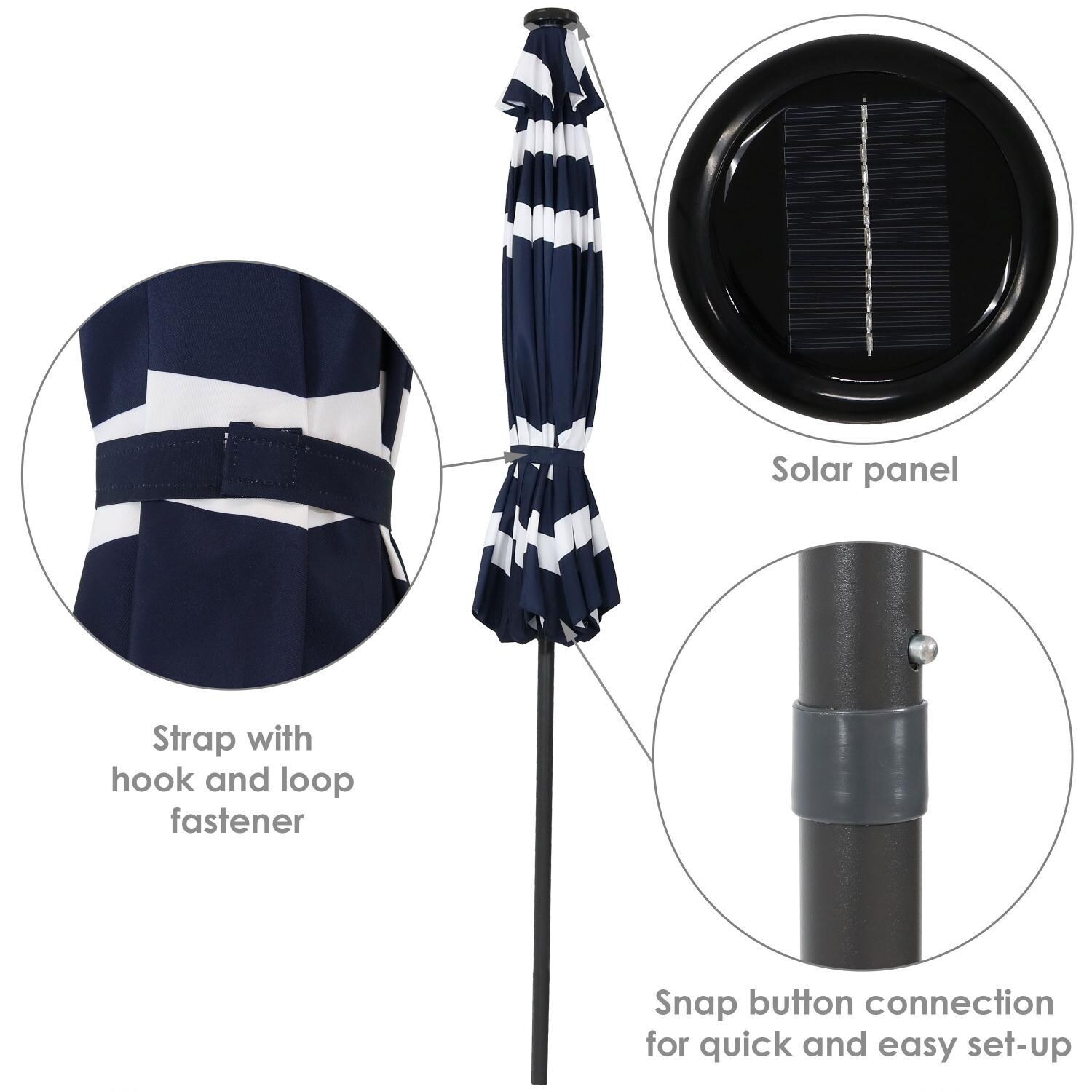 Ultimate Patio 9ft. Solar Lighted Octagonal Patio Umbrella W/ Crank Lift - Navy Blue Stripe Canopy - Canopy Strap, Solar Panel, & Pole Connection thumbnail