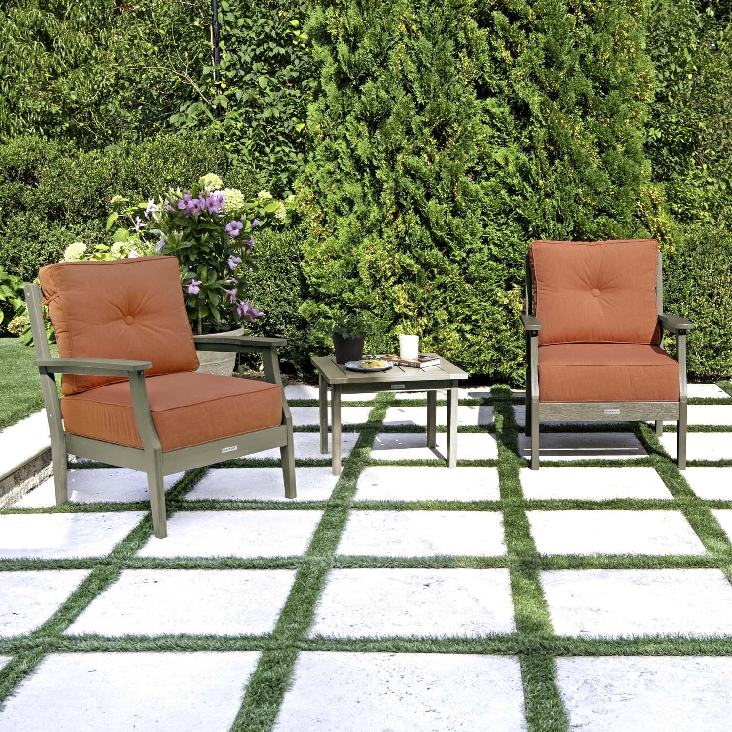 Blushing Bay 3 Pc Recycled Plastic Seating Set in Canvas Persimmon/Woodland Brown by Lakeview Outdoor Designs - Angled Left - Lifestyle thumbnail
