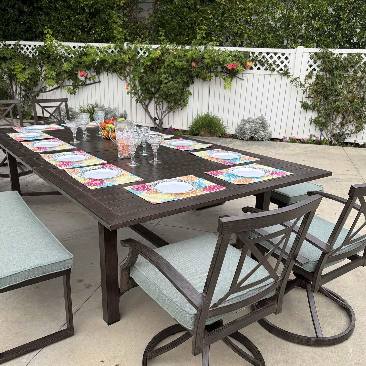 Atlantis 9 Pc Aluminum Swivel / Rocker Dining Set in Walnut/Spa by Darlee - Close Up - Lifestyle thumbnail
