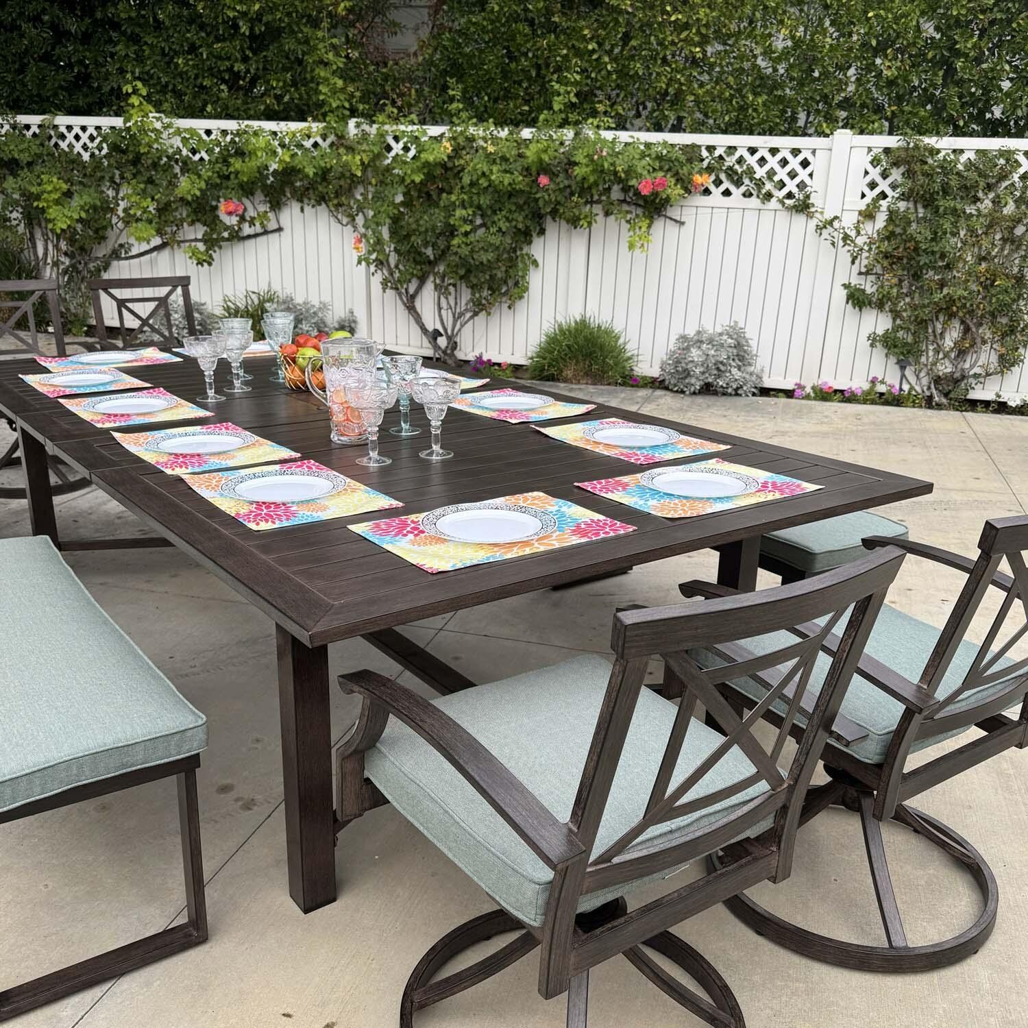 Atlantis 9 Pc Aluminum Swivel / Rocker Dining Set in Walnut/Spa by Darlee - Close Up - Lifestyle thumbnail