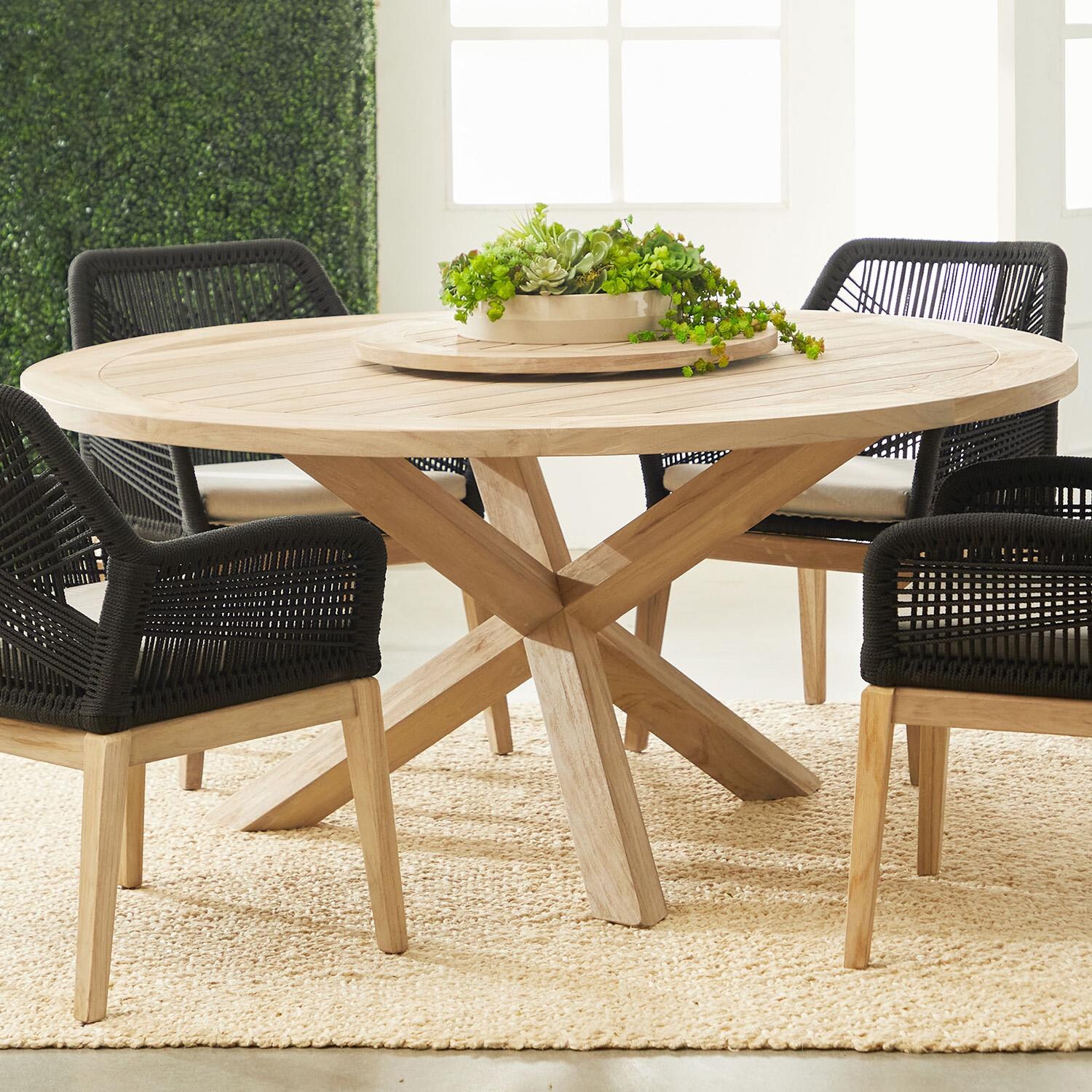 Lakeview 63 Inch Gray Teak Round Dining Table - Shown W/Dining Set Black Chairs thumbnail