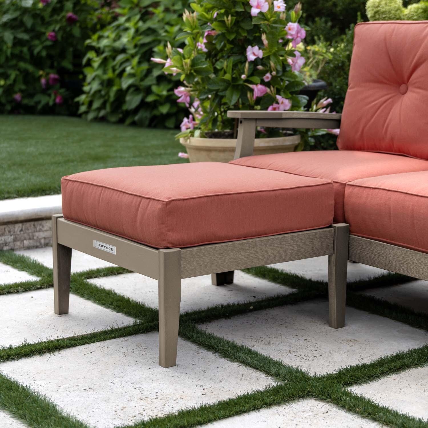 Blushing Bay Recycled Plastic Ottoman in Canvas Persimmon/Woodland Brown by Lakeview Outdoor Designs - Shown w/ Chair (Not Included) - Lifestyle thumbnail