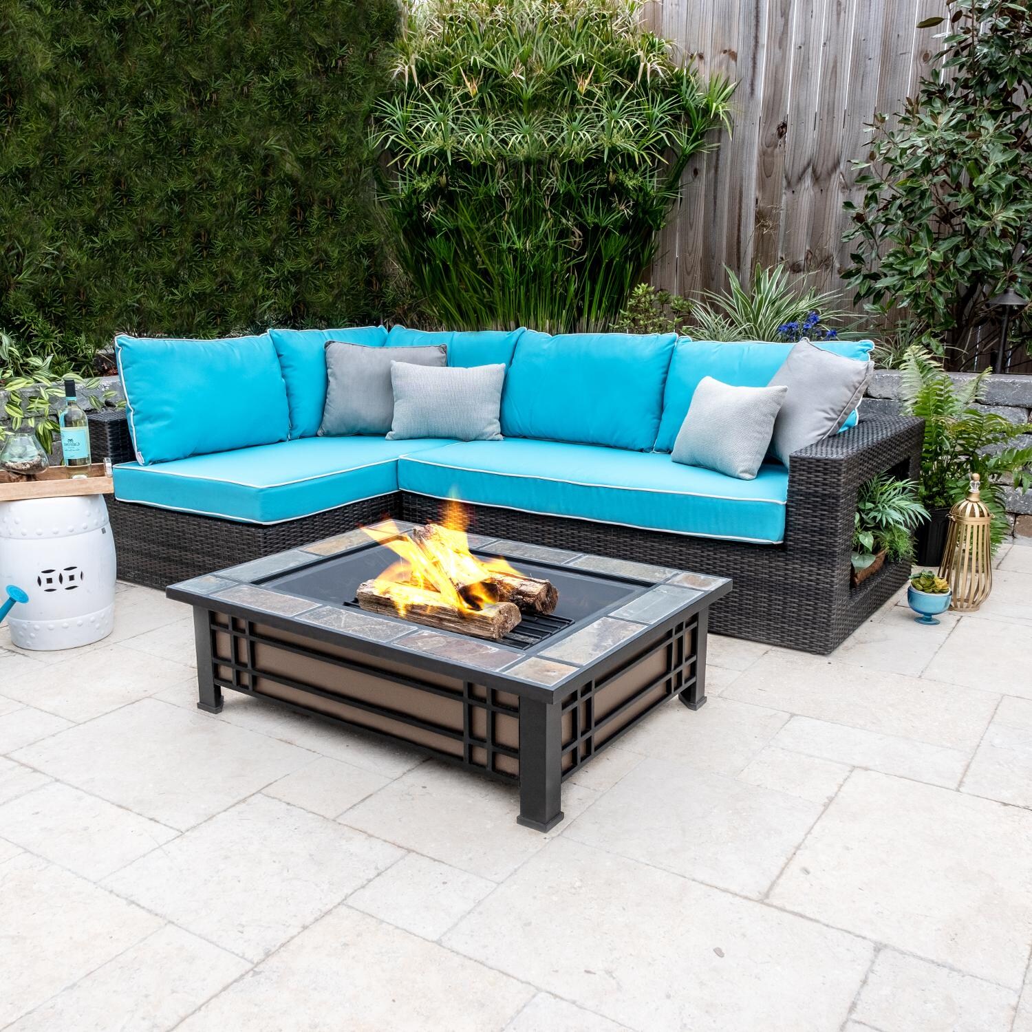 Gentilly 3 Piece Wicker Patio Fire Pit Sectional Set W Sunbrella Canvas Aruba Cushions By Lakeview Outdoor Designs Bbqguys