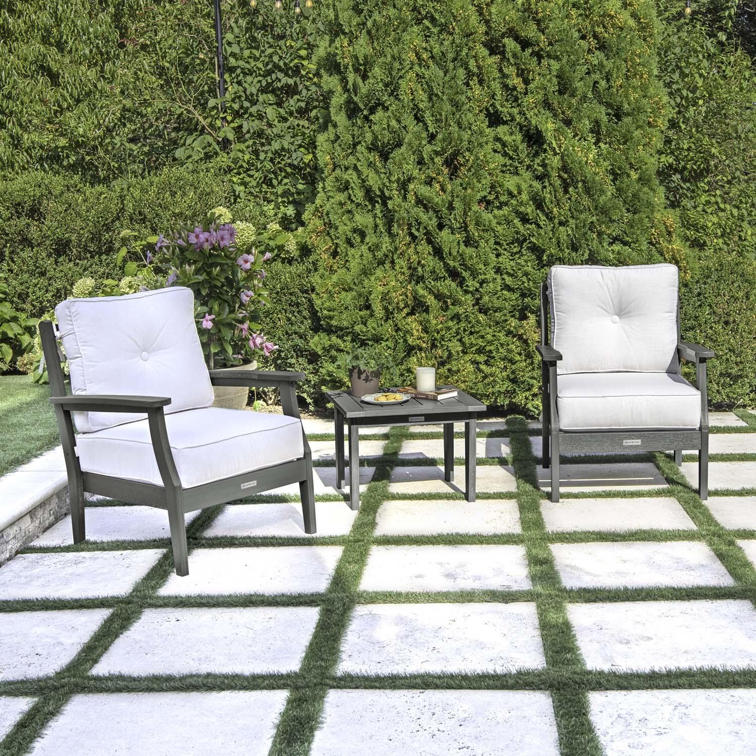Blushing Bay 3 Pc Recycled Plastic Seating Set in Bliss Linen/Coastal Teak by Lakeview Outdoor Designs - Angled Left - Lifestyle thumbnail