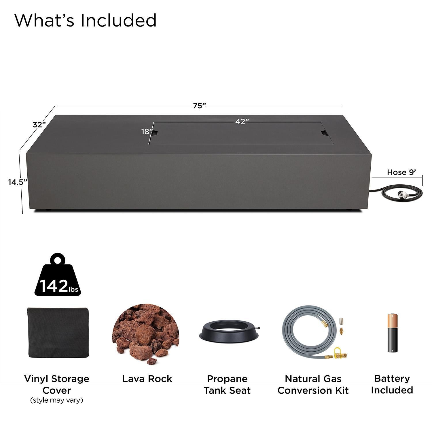 Elysian 75-in Rectangular Steel Natural Gas Fire Pit Table in Weathered Slate by Lakeview Outdoor Designs (Ships Propane w/ Conversion Kit) - Included - Detail thumbnail