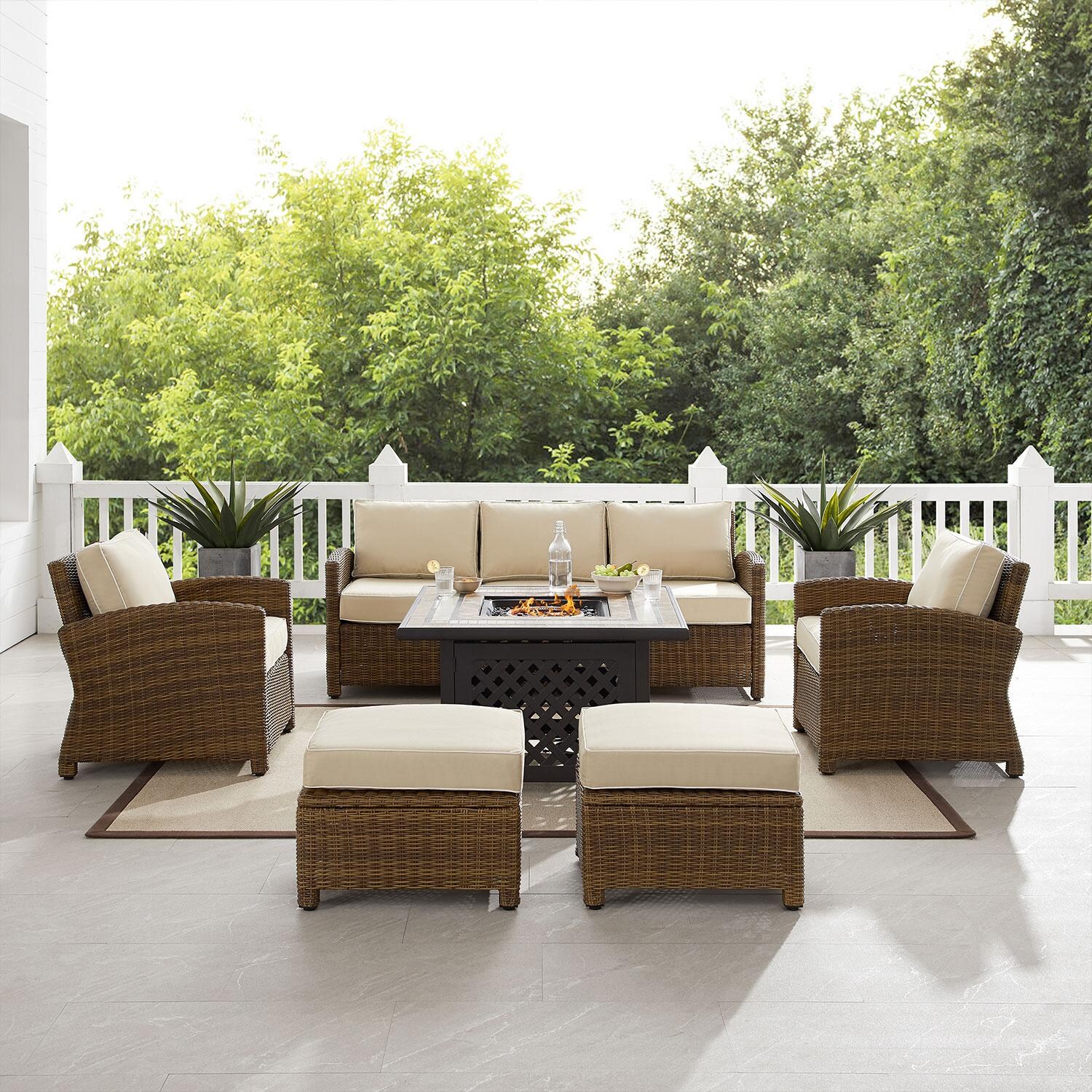 Ultimate Patio UP-92417WB-SA 6Pc Wicker Outdoor Sofa Set W/ Fire Table in Sand - Front View W/ Fire Table On - Lifestyle thumbnail