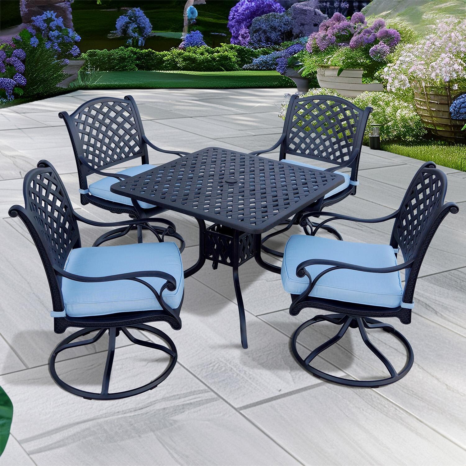 Nassau 5 Pc Cast Aluminum Dining Set w/ 36 Inch Square Series 30 Table & Swivel Rockers in Antique Bronze/Sky Blue by Darlee