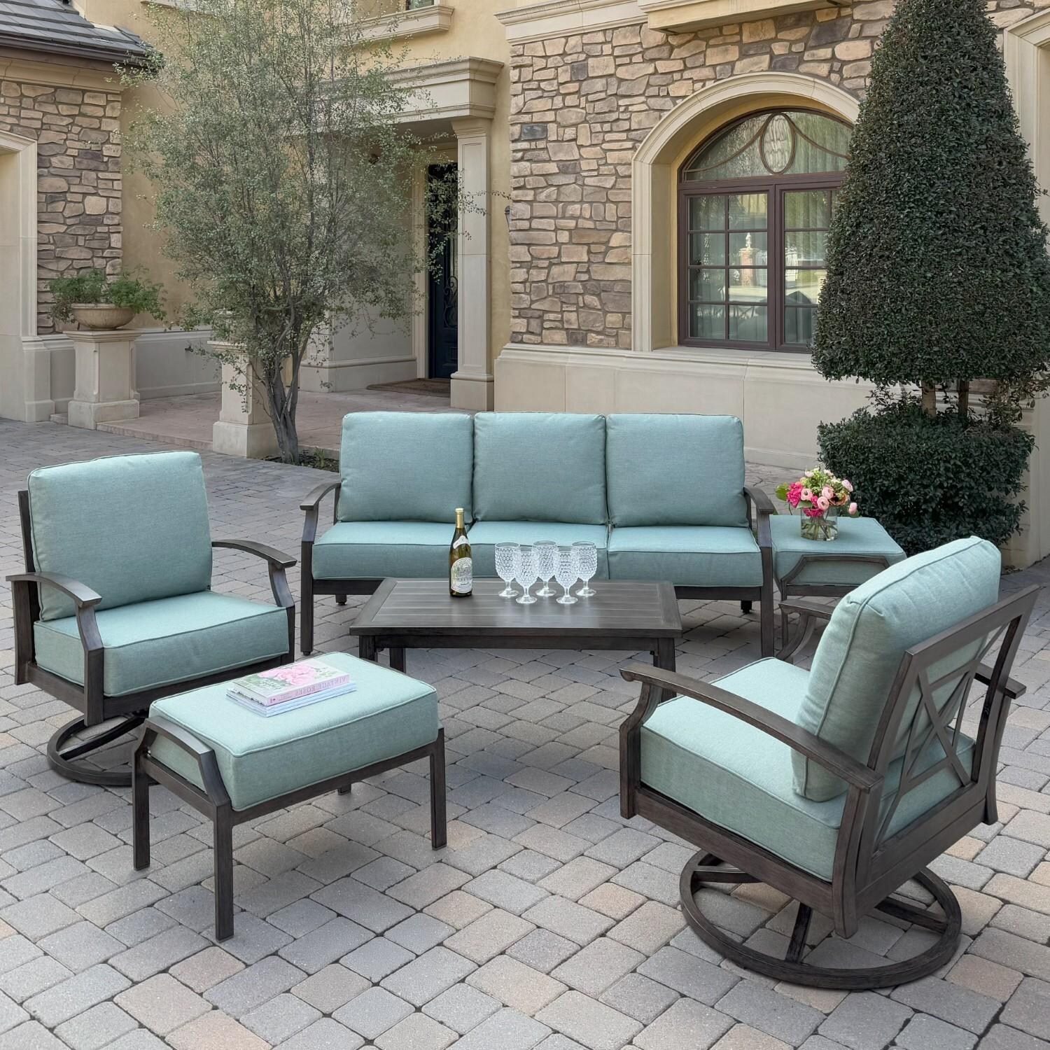 Atlantis 6 Pc Aluminum Seating Set w/ Sofa, 2 Swivel Rocker Club Chairs & 2 Ottomans in Walnut/Spa by Darlee - Hero - Lifestyle thumbnail