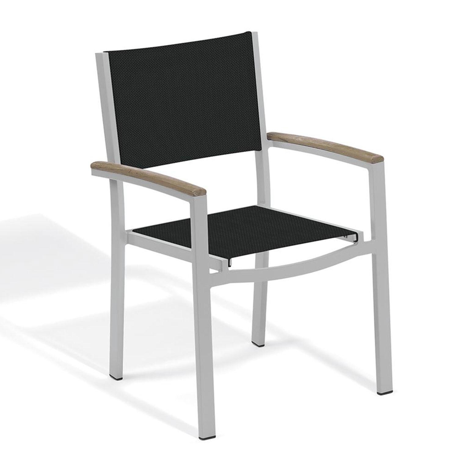 Oxford Garden Travira 6 Piece Flint Aluminum Patio Dining Set - Black Sling Armchair w/ Vintage Tekwood Arms thumbnail