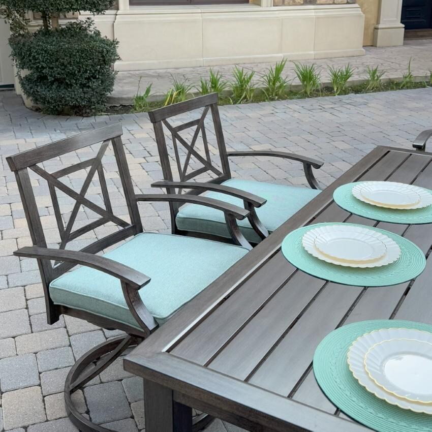 Atlantis Aluminum Swivel Rocker Set of 2 w/ Spa Cushions in Walnut By Darlee - Chairs at Table Left Side - Lifestyle thumbnail