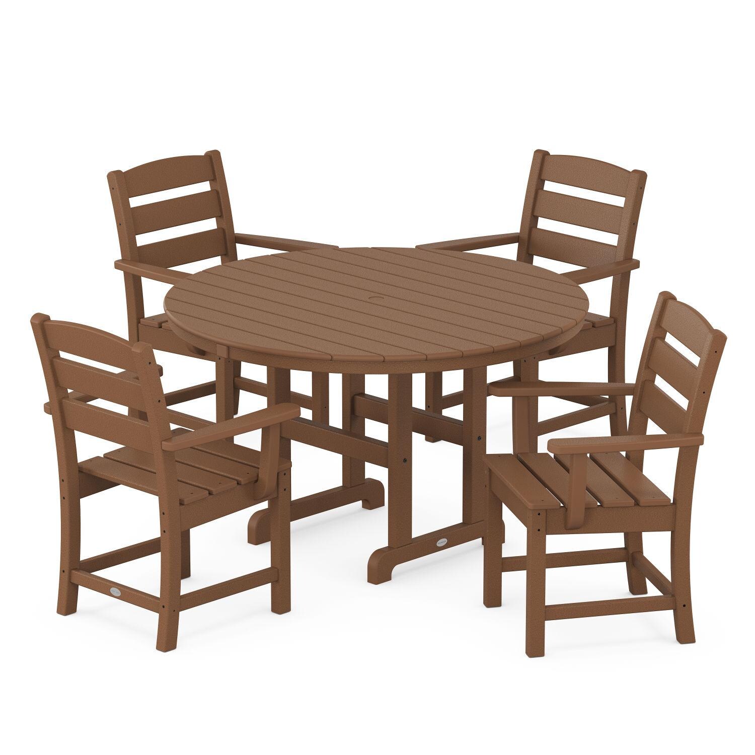 POLYWOOD Lakeside 5-Piece Round Arm Chair Dining Set - Teak