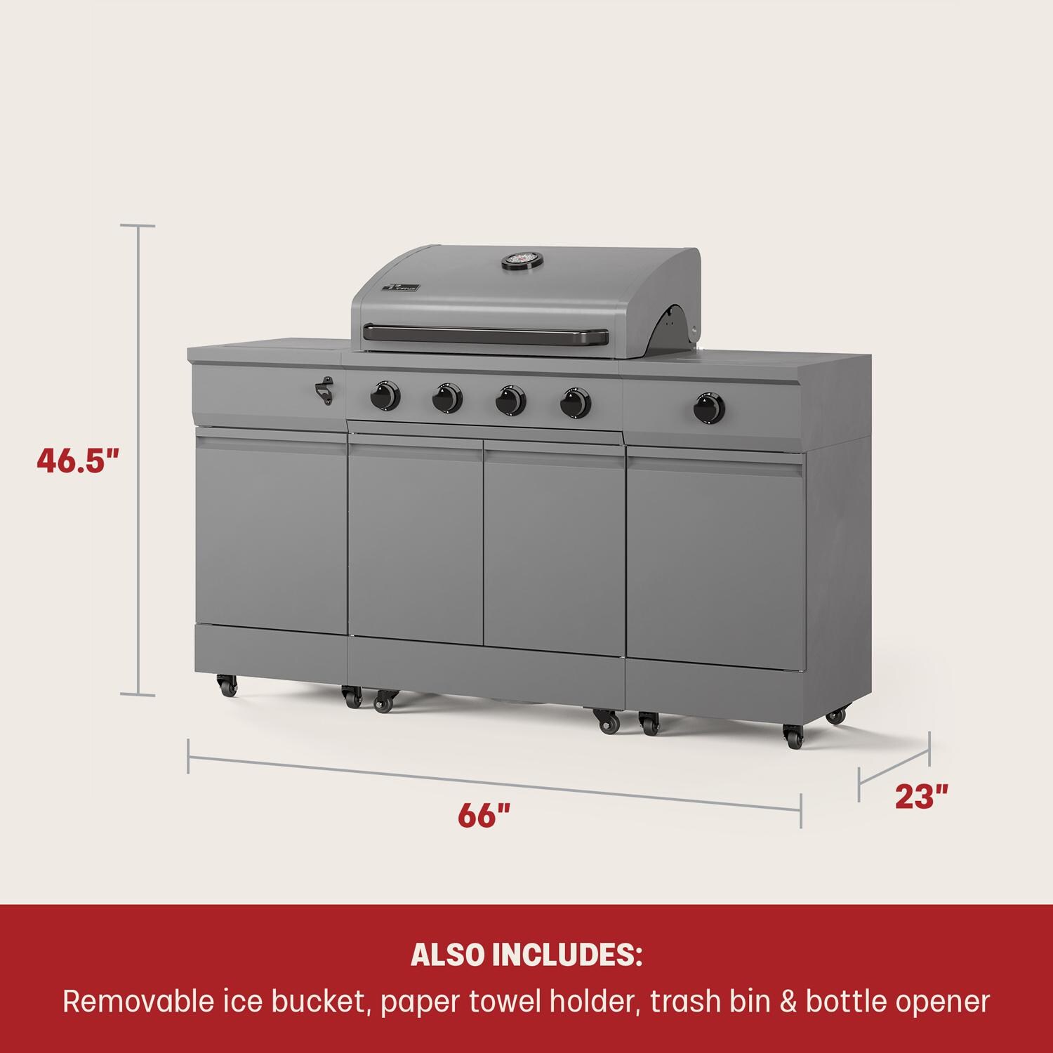 TYTUS TDT-021-0104 Fresno Series Gunmetal Gray & Ash Stacked Stone Propane Grill Island - Measurements - Dimensional thumbnail