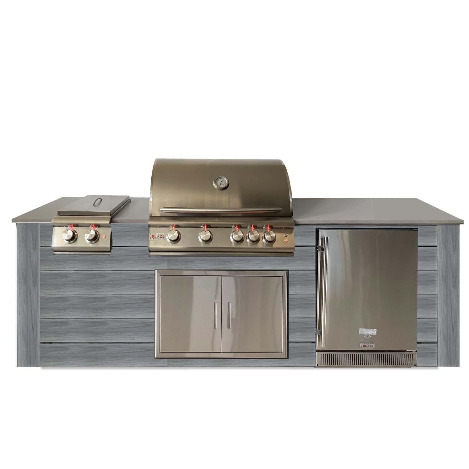 Pro-Fit 8-Foot Outdoor Kitchen Island W/ Blaze LTE 32-Inch Propane Gas Grill, Double Side Burner & Refrigerator - Driftwood Grey / Grigio Cemento Satin