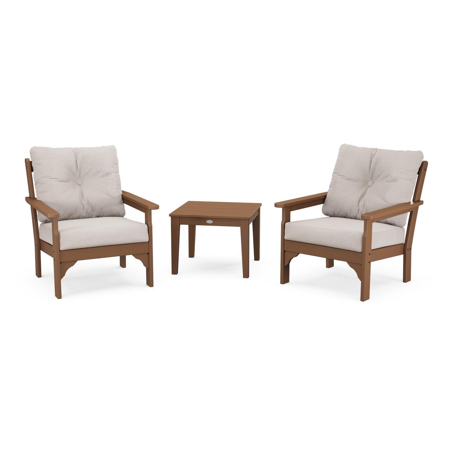 Vineyard 3 Pc Recycled Plastic Seating Set in Teak/Dune Burlap by POLYWOOD