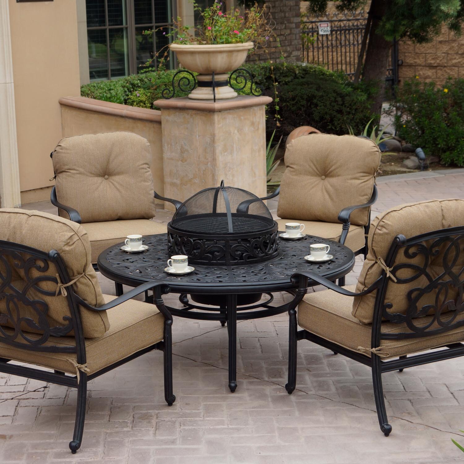 Santa Monica 5 Pc Cast Aluminum Fire Pit Seating Set w/ 52 Inch Series 80 Table & Ice Bucket Insert in Antique Bronze/Sesame by Darlee