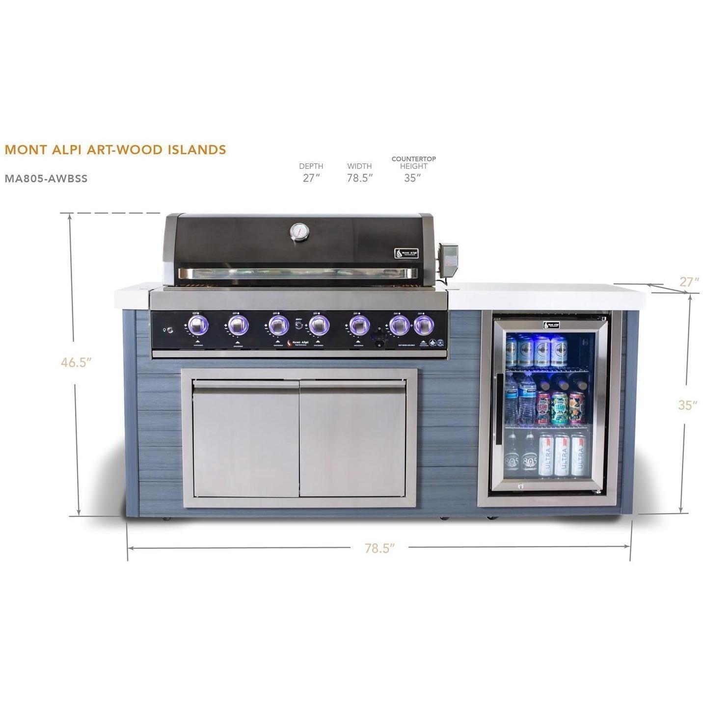 Mont Alpi MA805-AWBSS 6-Burner Black Stainless Steel Art-Wood Propane Island Grill - Dimensional thumbnail