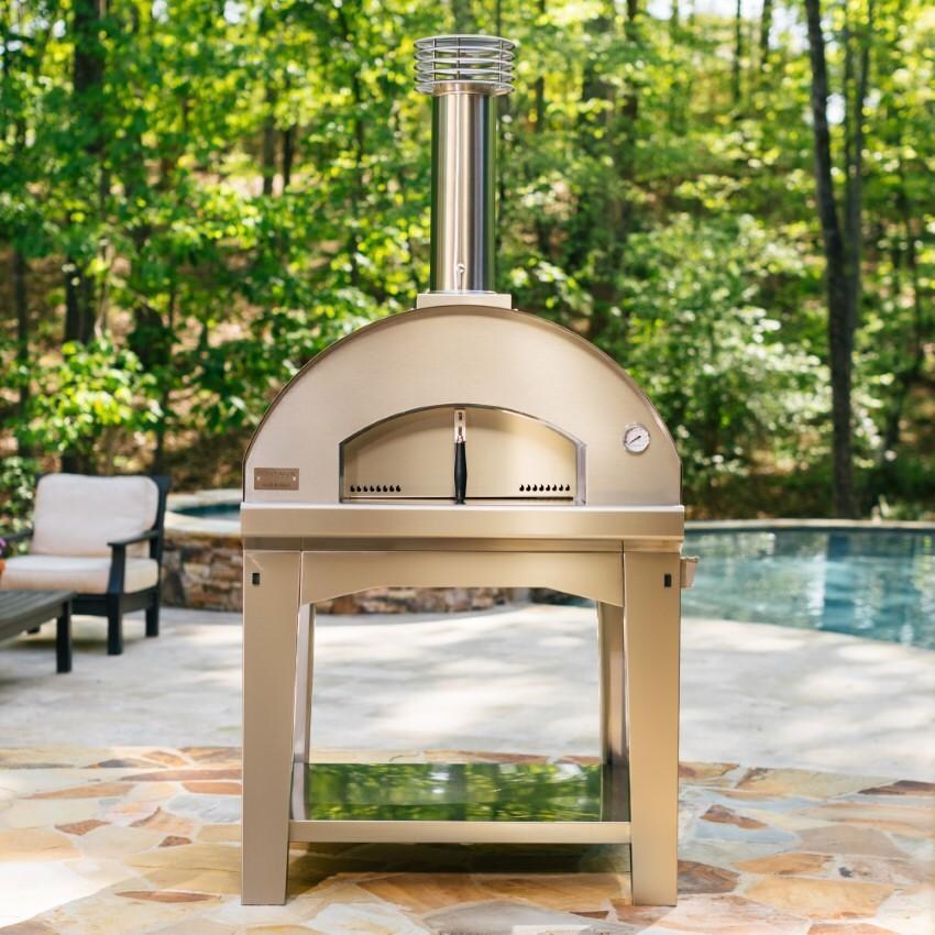 Fontana Forni FTMF-S Mangiafuoco Wood-Fired Steel Pizza Oven On Cart - Stainless Steel - Front View - Lifestyle thumbnail