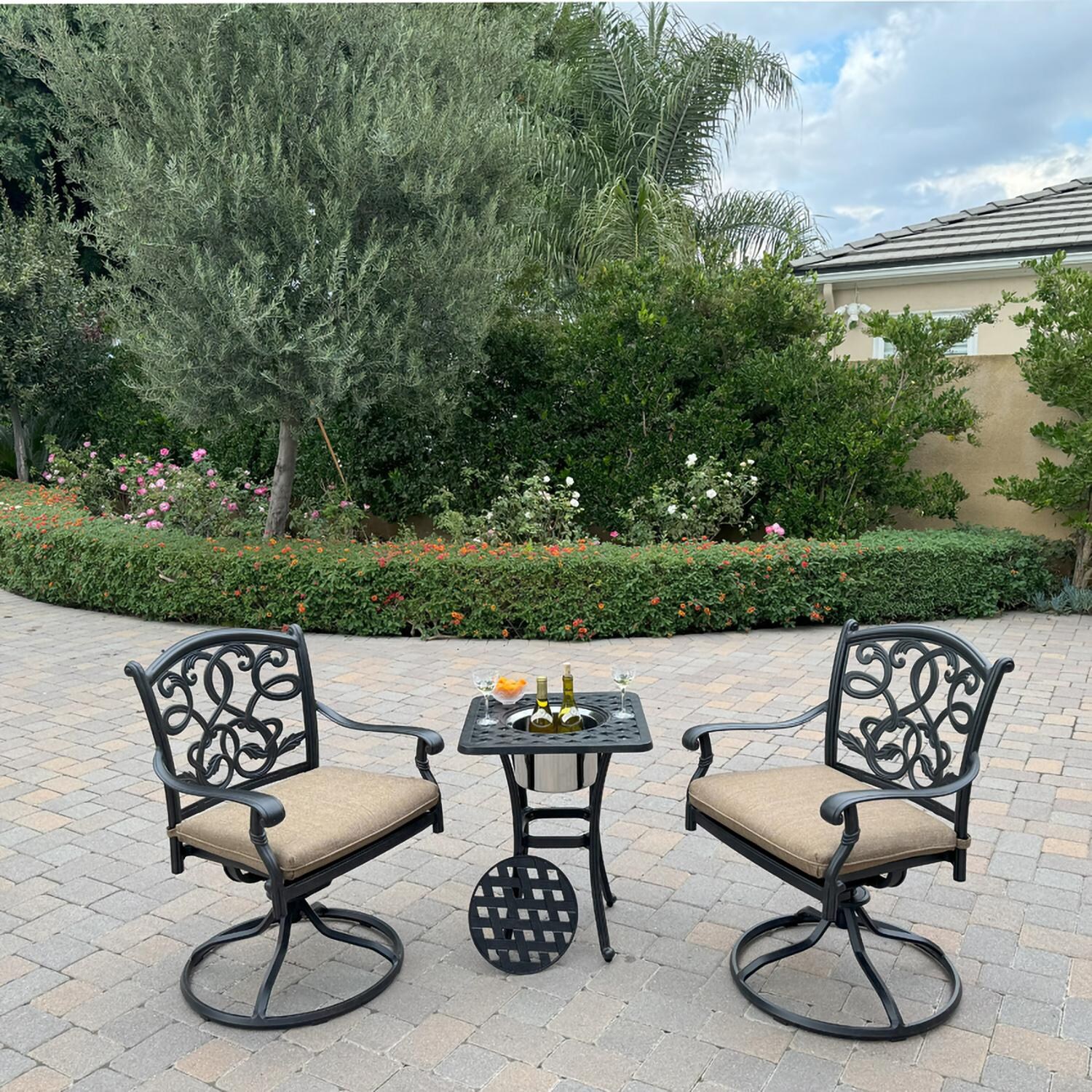 Darlee B/DL2052-3PCR-30SQ Santa Monica 3 Pc Cast Aluminum Dining Set w/ Ice Bucket Table in Antique Bronze - Set - Lifestyle thumbnail