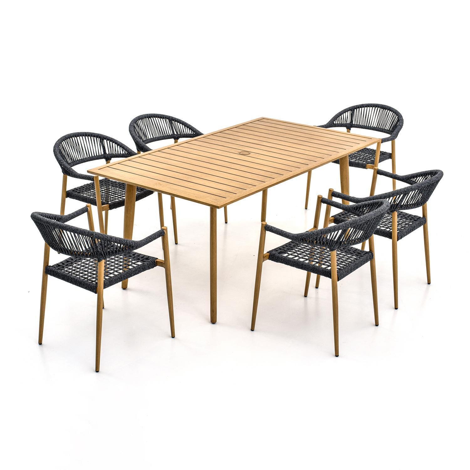 Lakeview Outdoor Designs LV-352-7 Eden Isle 7 Pc Aluminum Dining Set in Natural Wood - Chairs Pulled Out - White Background thumbnail