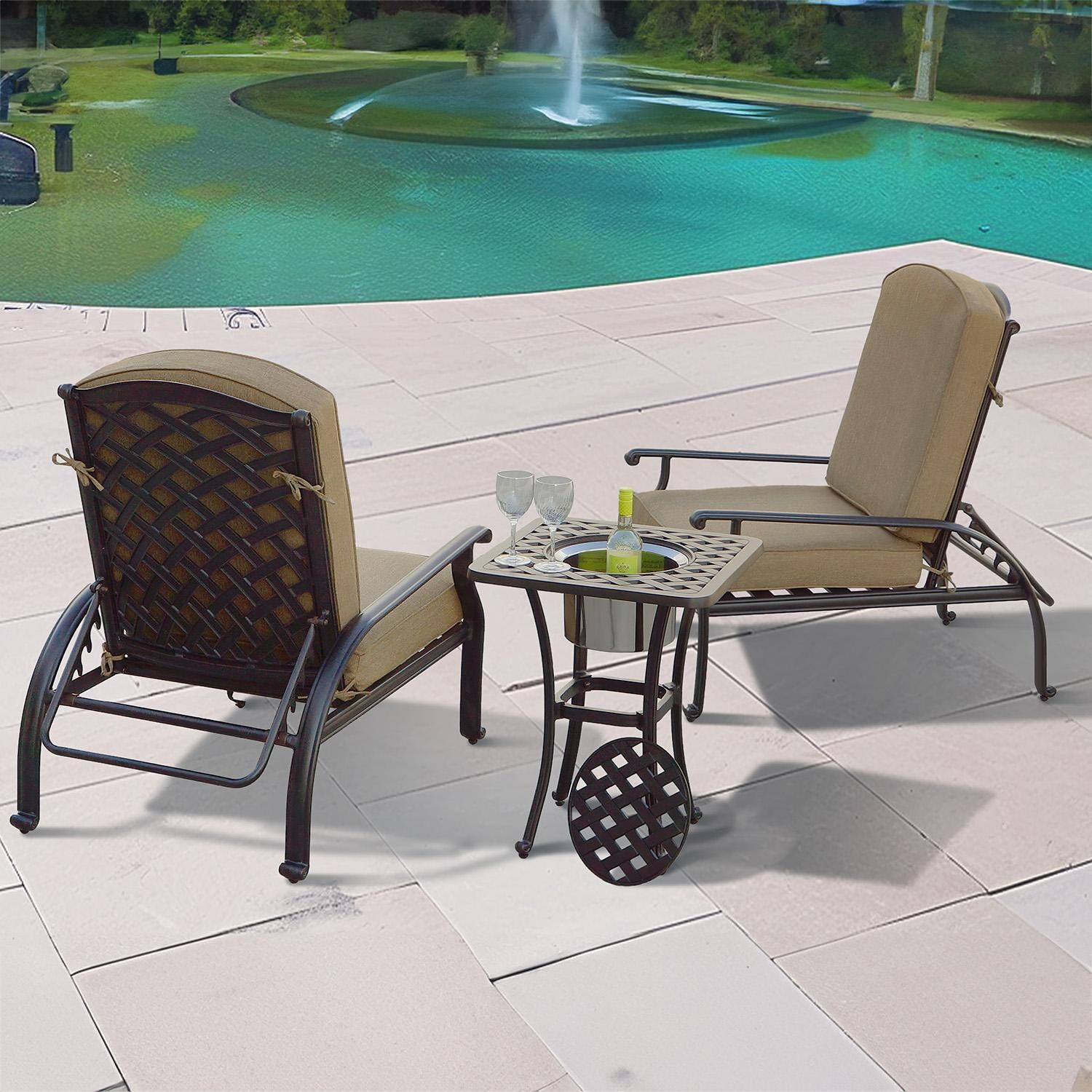 Nassau 3 Pc Cast Aluminum Seating Set w/ 25 Inch Square Series 30 Ice Bucket End Table & & Reclining Chair in Antique Bronze/Sesame by Darlee