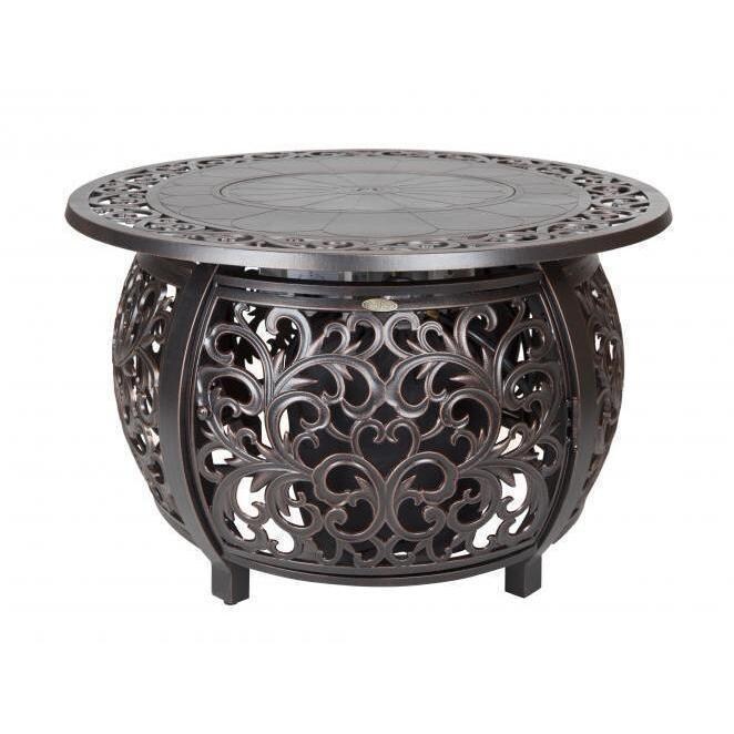 WestCay 5 Pc Resin Wicker Fire Pit Seating Set in Antique Bronze by Ultimate Patio - Fire Pit - Scrolling Floral Pattern - White Background thumbnail