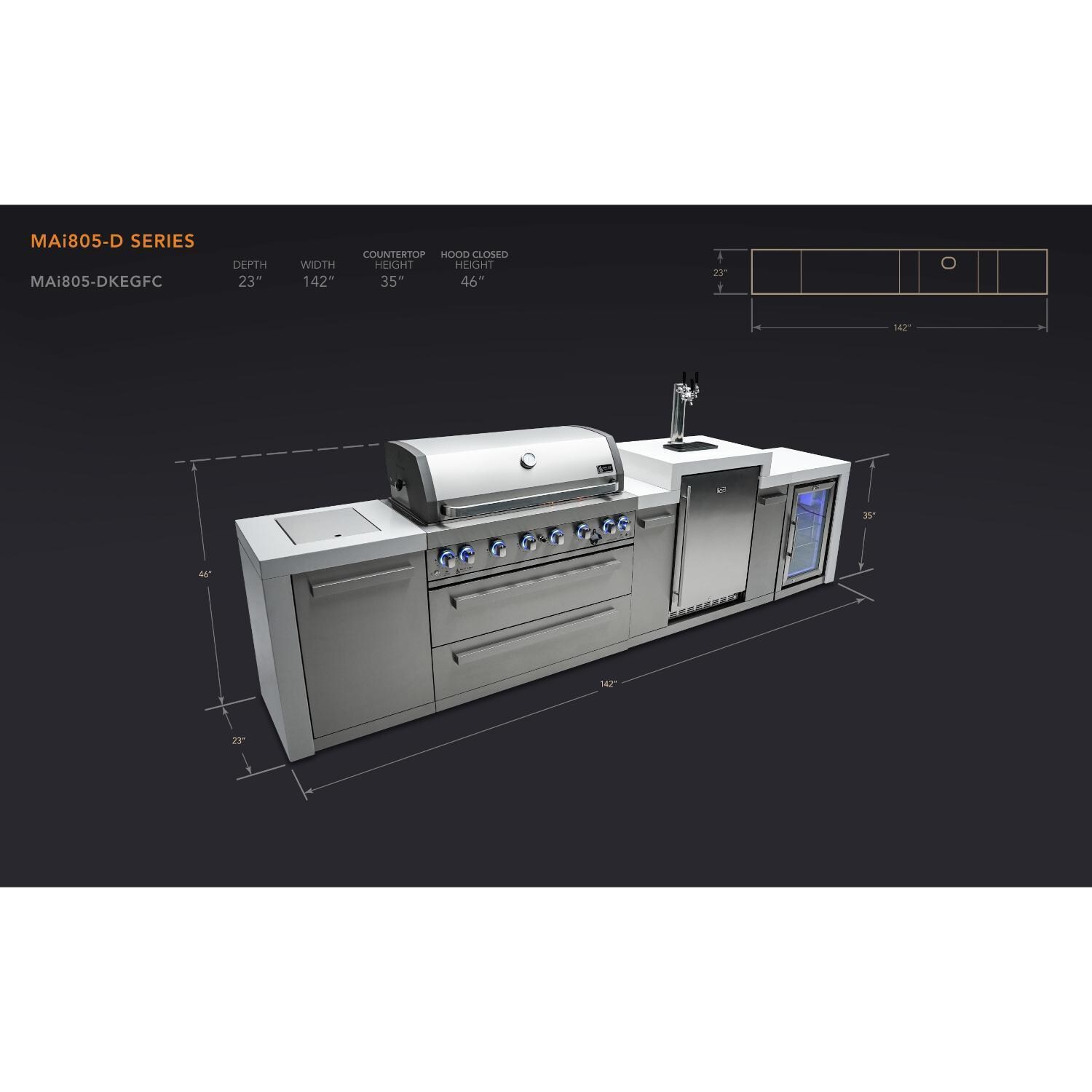 Mont Alpi 805 Deluxe Natural Gas Island w/ Beverage Center & Fridge Cabinet (Ships Propane w/ Conversion Kit) - Dimensions - Dimensional thumbnail