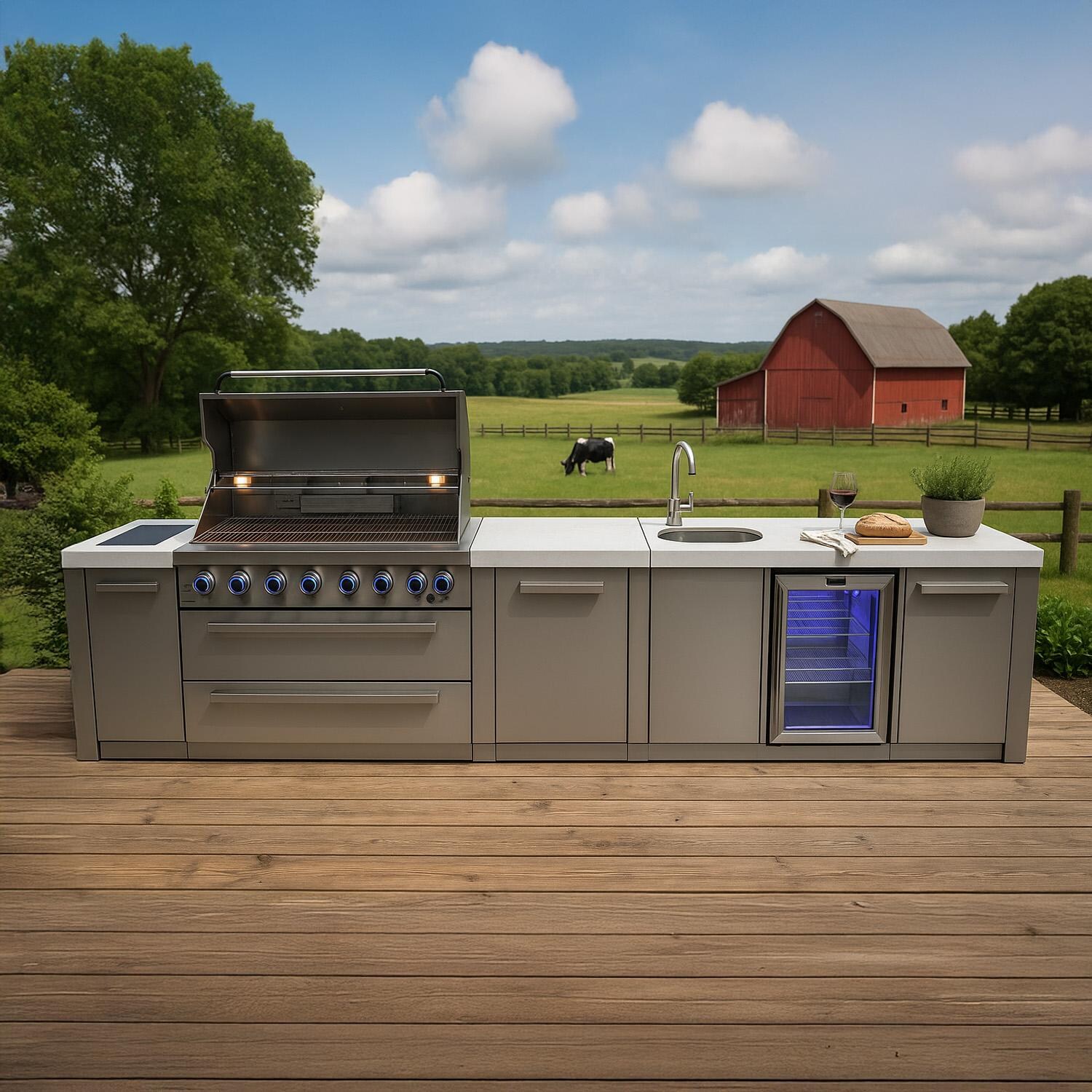 Mont Alpi Original Series 13 Ft Natural Gas Outdoor Kitchen Island w/ 44-in Grill, Side Burner, Beverage Center & Extra Door (Ships Propane w/ Conversion Kit) - On Patio - Lifestyle thumbnail