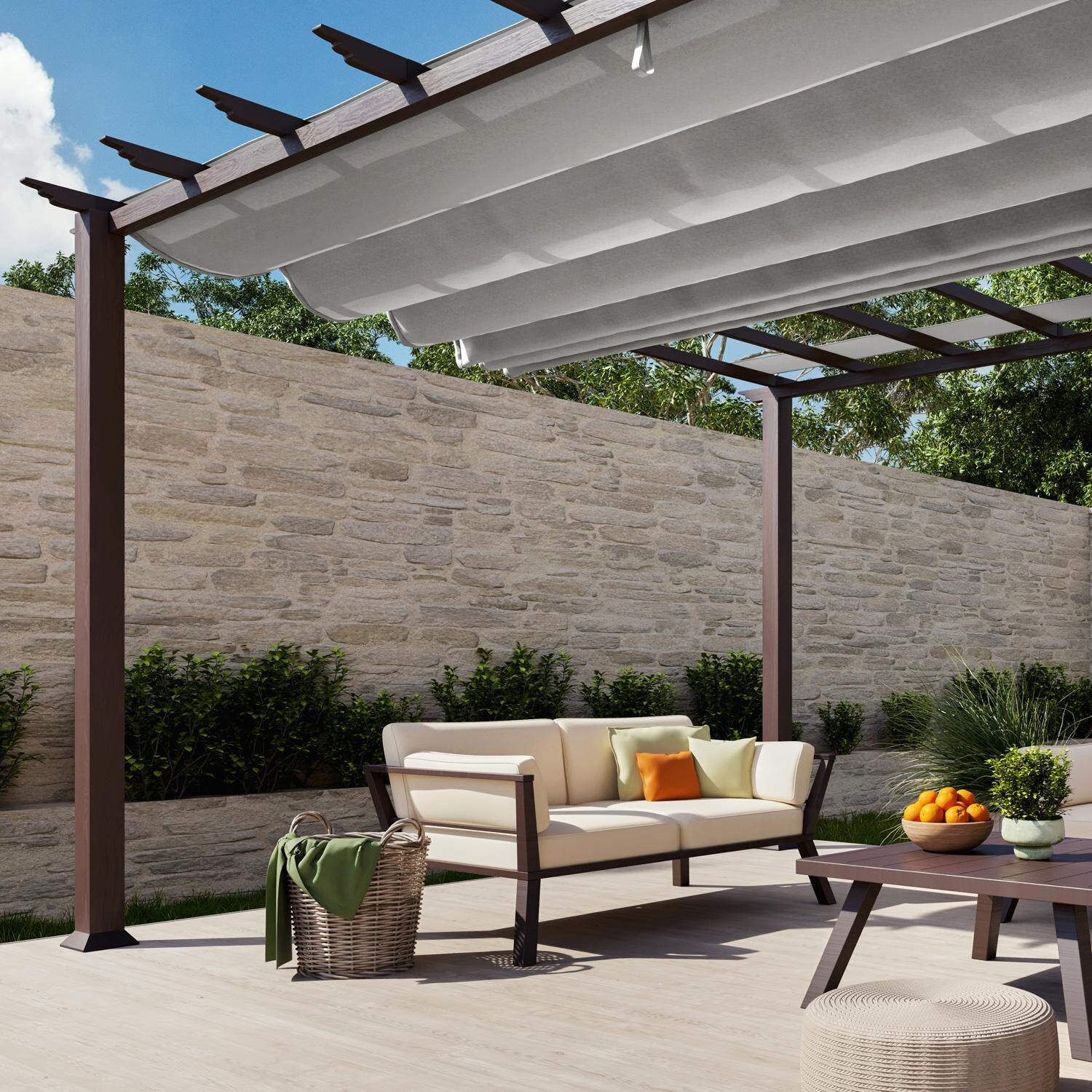 Paragon Outdoor PR16WD2G Florence 11' x 16' Chilean Ipe Pergola w/ Gray Canopy - Corner - Lifestyle thumbnail