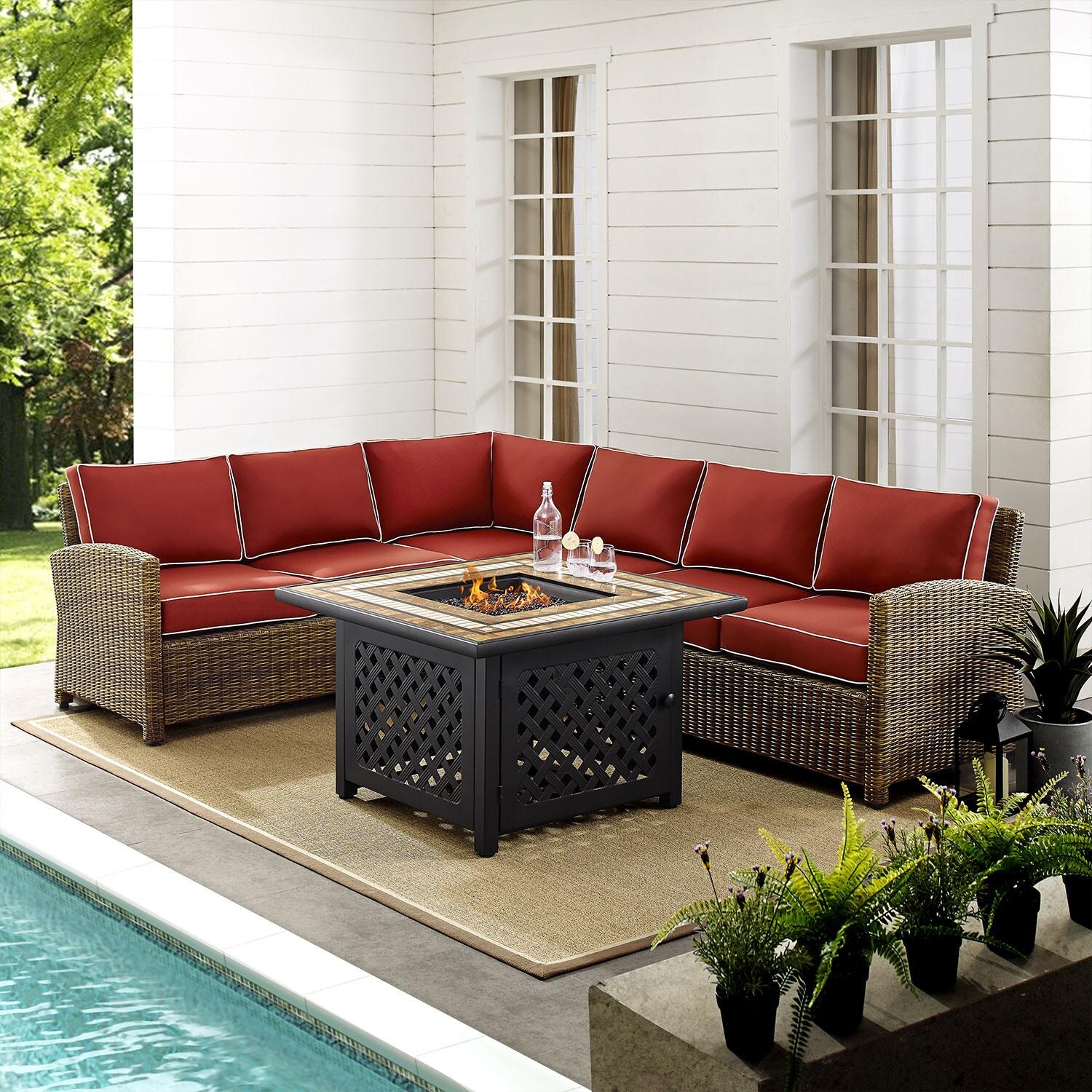 Ultimate Patio UP-92391-SG 5Pc Wicker Outdoor Sectional Set W/ Fire Table in Sangria - By The Pool - Lifestyle thumbnail