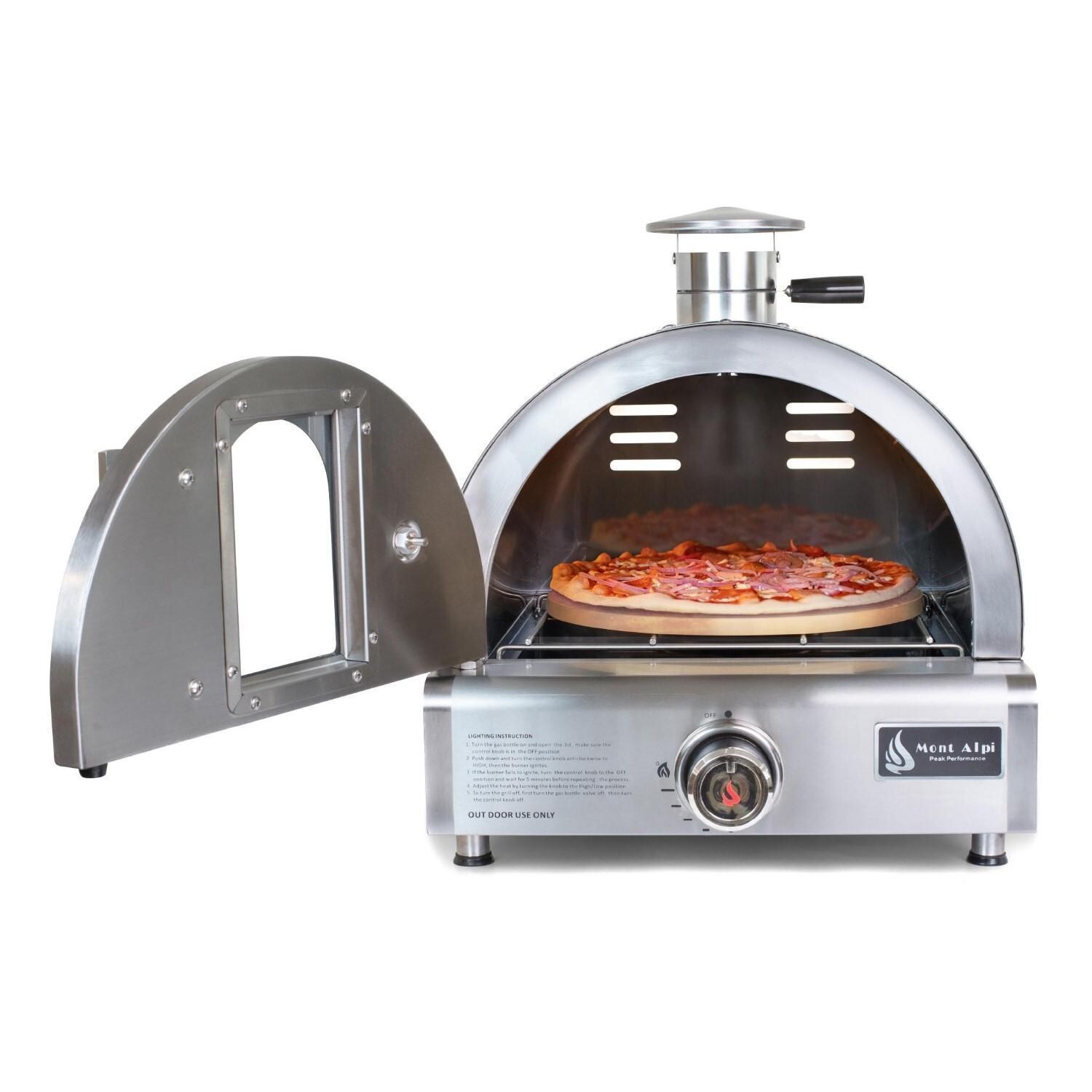 Mont Alpi MAPZ-SS Portable Natural Gas Outdoor Pizza Oven - Front Open With Pizza - White Background thumbnail