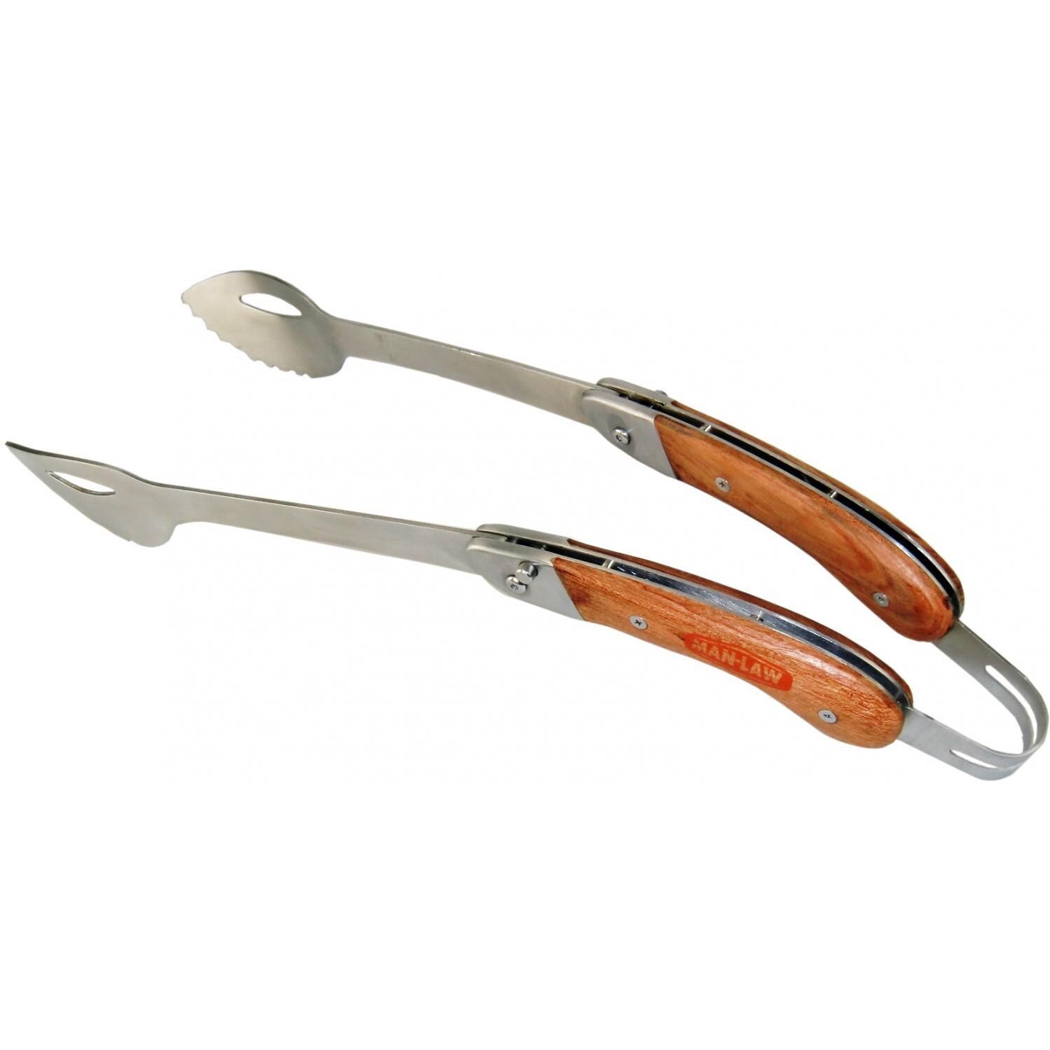 Man-Law 17-Inch Stainless Steel Foldable BBQ Tongs With Wood Handle