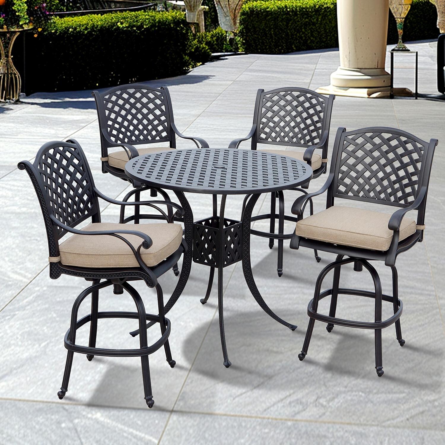 Nassau 5 Pc Cast Aluminum Bar Set w/ 42 Inch Round Series 30 Table & Swivel Bar Stools in Antique Bronze/Beige Canvas by Darlee