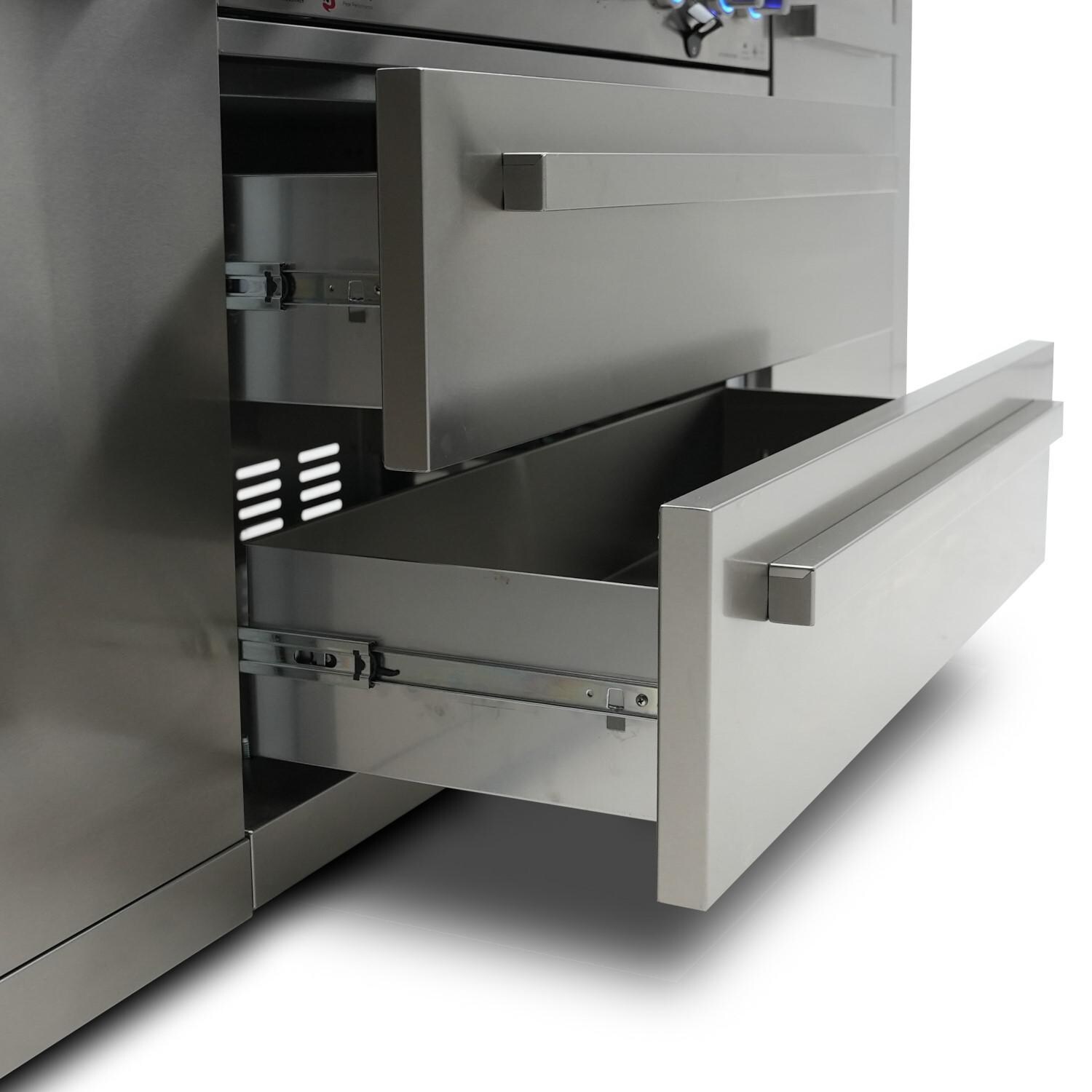 Mont Alpi MAi805-DFC Deluxe Propane Gas Island Grill W/ Refrigerator Cabinet - Drawers Close up - Detail