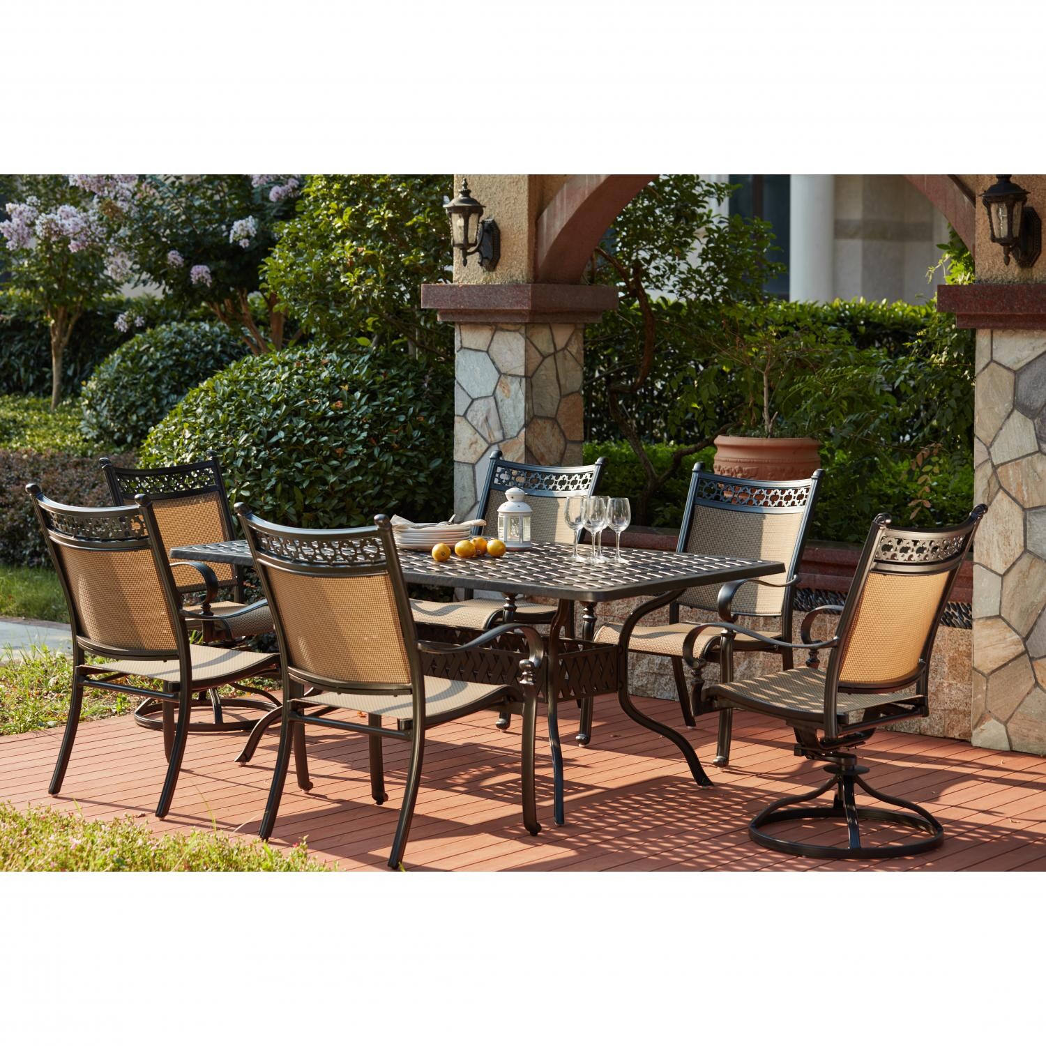 Darlee 201610-7PC-30RE Mountain View Cast Aluminum Sling Patio Dining Set W/ 72 X 42 Inch Rectangular Table - Lifestyle thumbnail