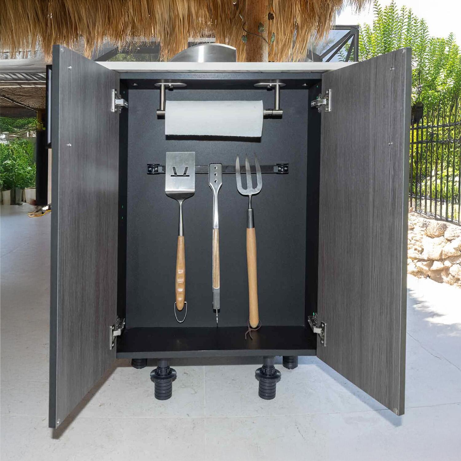 BBQGuys Signature Oasis 8 Ft Outdoor Kitchen Island w/ Blaze Propane Grill & Refrigerator in Grey Cedar/Icecap White - End Cap - Detail thumbnail