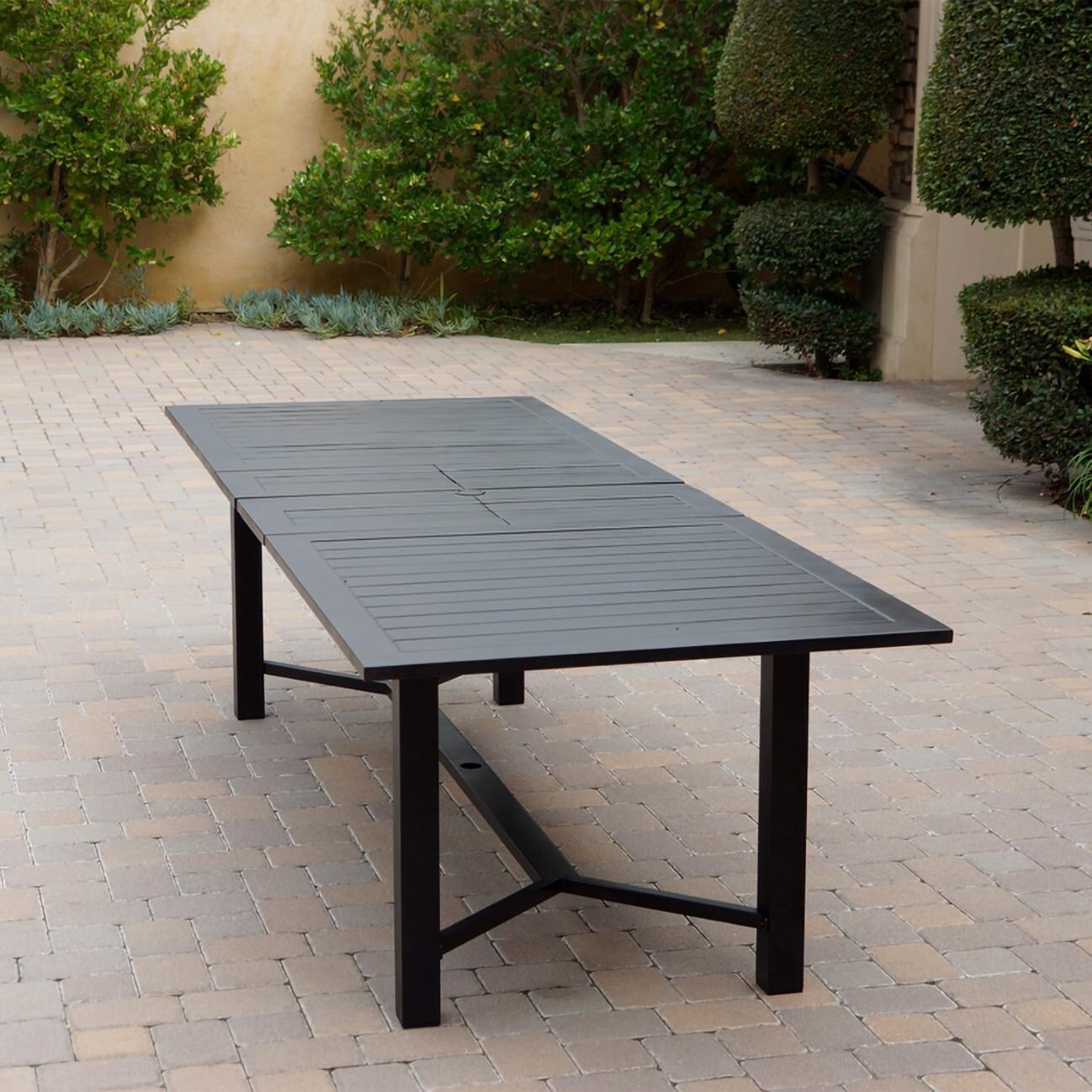 Darlee DL13-11PCD-2350LE-B Nassau 11 Pc Cast Aluminum Dining Set in Antique Bronze w/ Blue Cushions - Table Angle - Lifestyle thumbnail